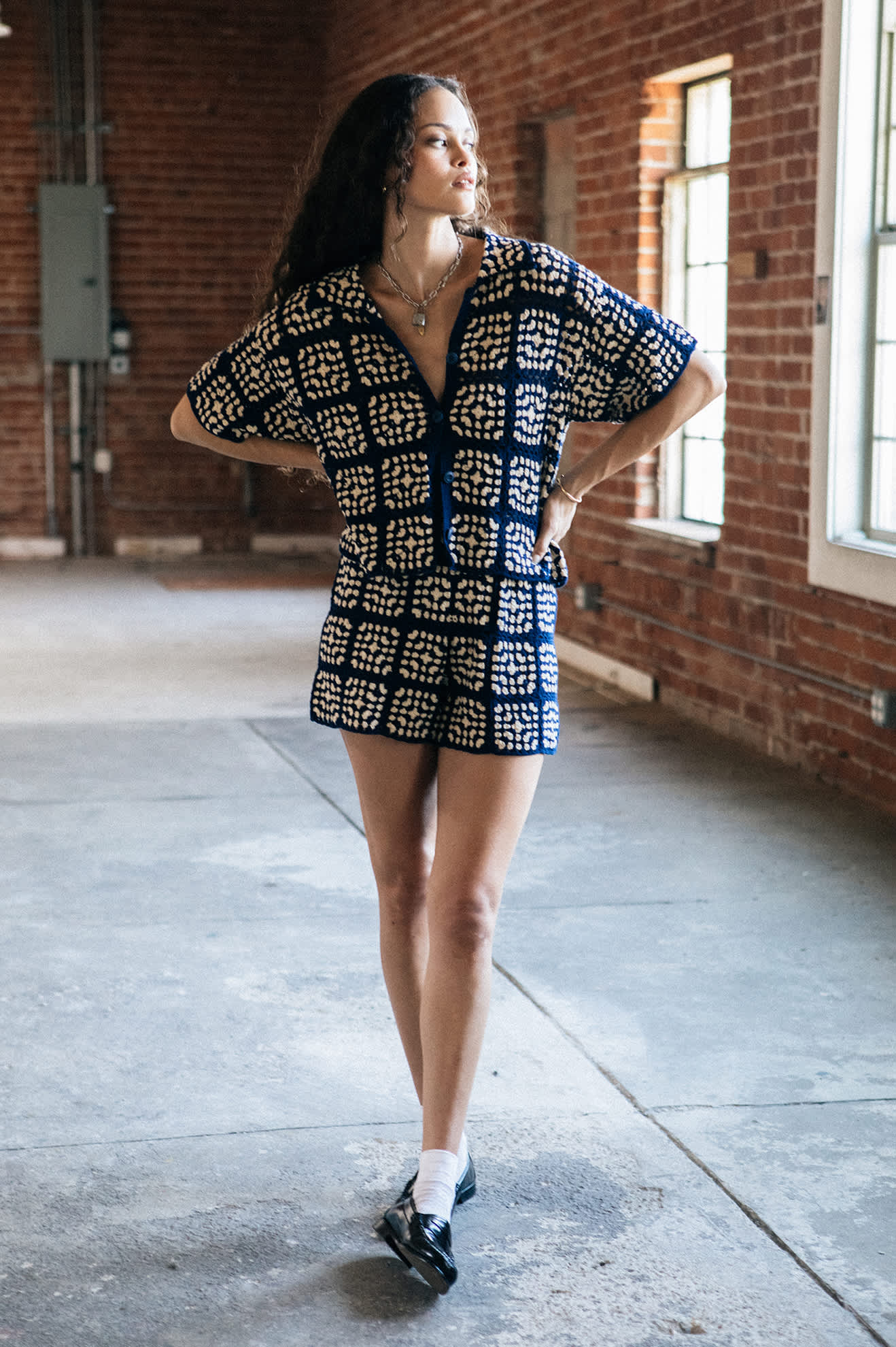 Women's Crochet S/S Button Down in the color Mood Indigo/Off White - Men's Lifestyle image