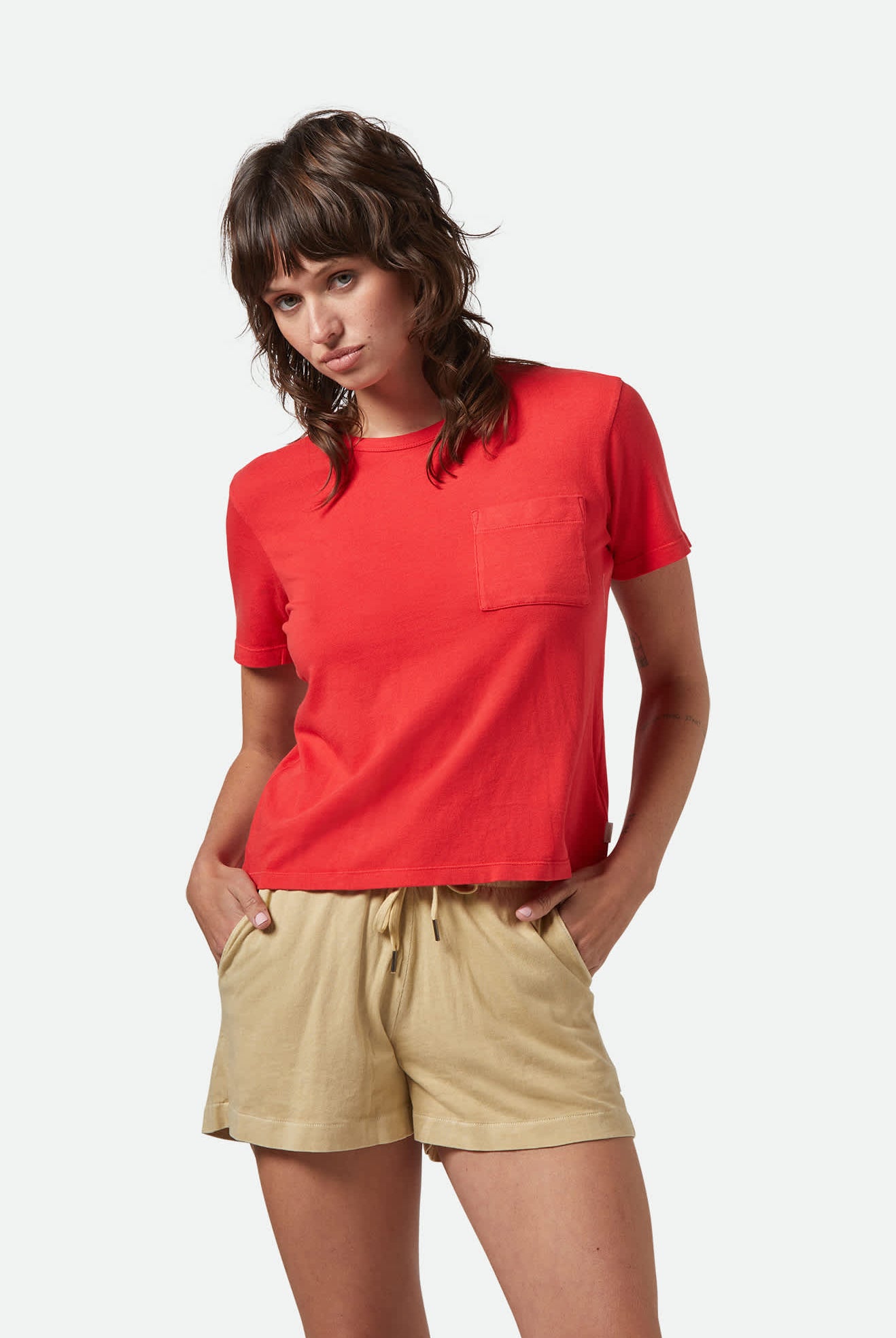 Women's Carefree Organic Garment Dye Perfect T-Shirt in the color Crimson - Women's Front View