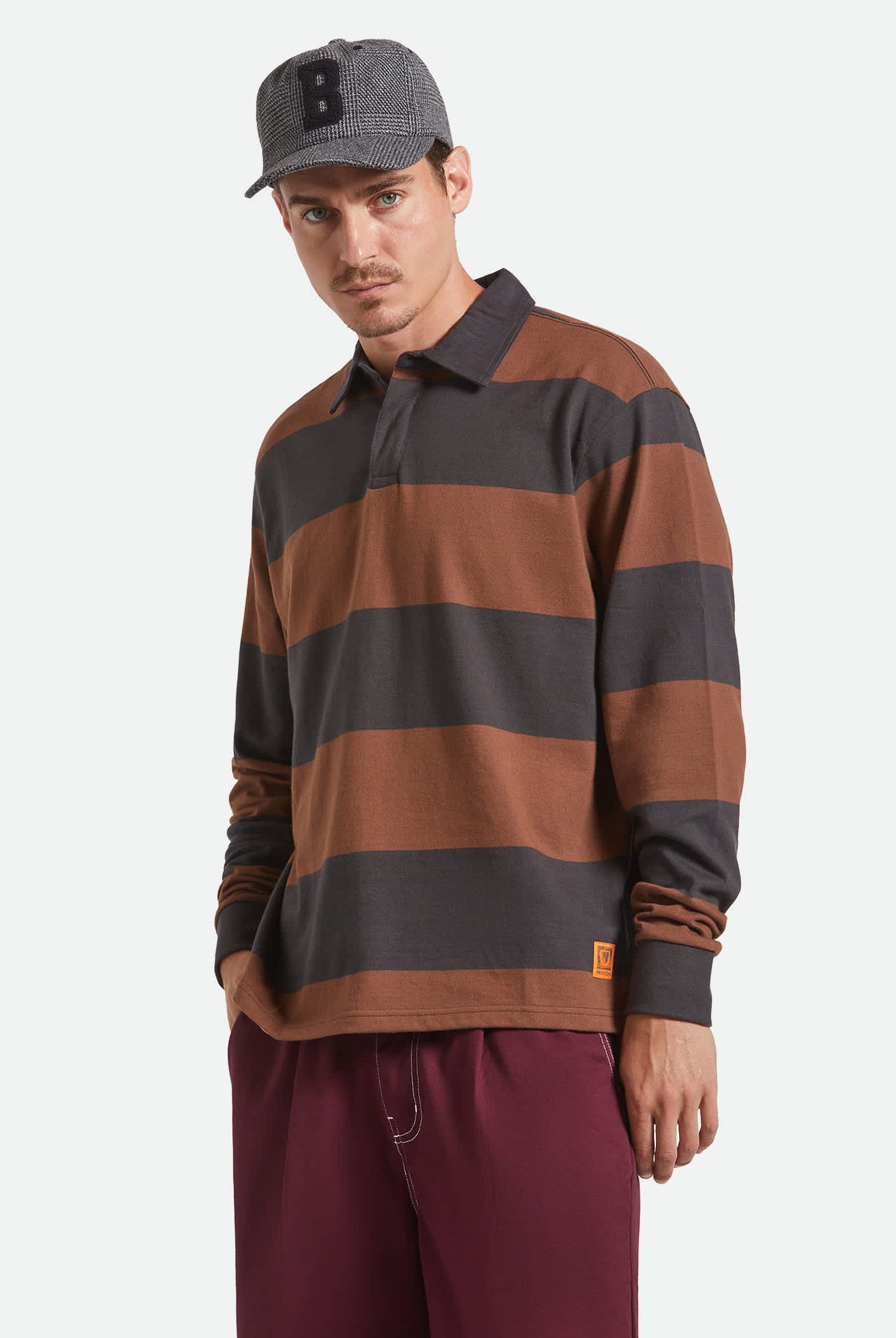 Men's Union Heavyweight Rugby Polo in the color Washed Black/Pinecown Brown - Men's Front View