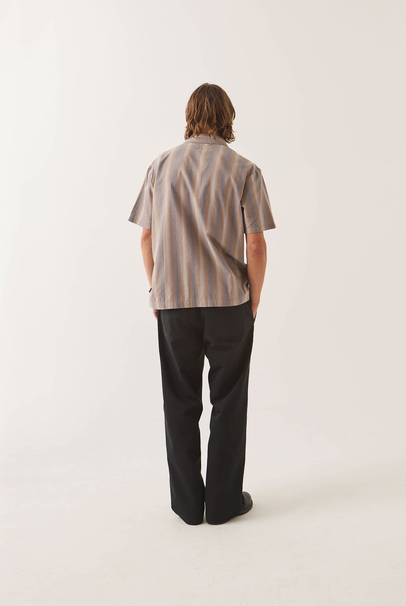 Men's Cru Shirt in the color Charcoal Shadow Stripe - Men's Back View