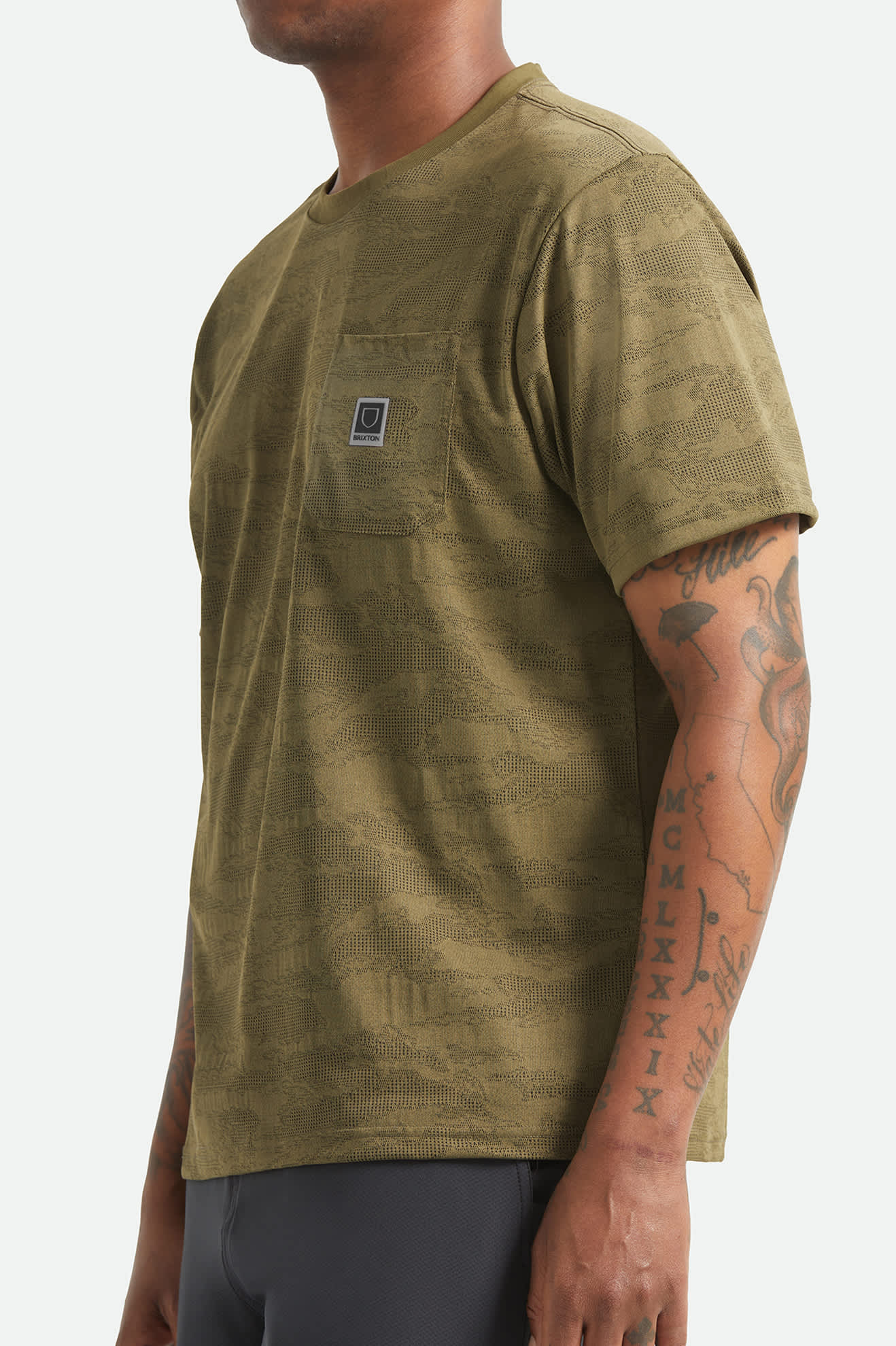 Men's Journey Short Sleeve Pocket T-Shirt in the color Olive Tiger Camo - Men's Side View