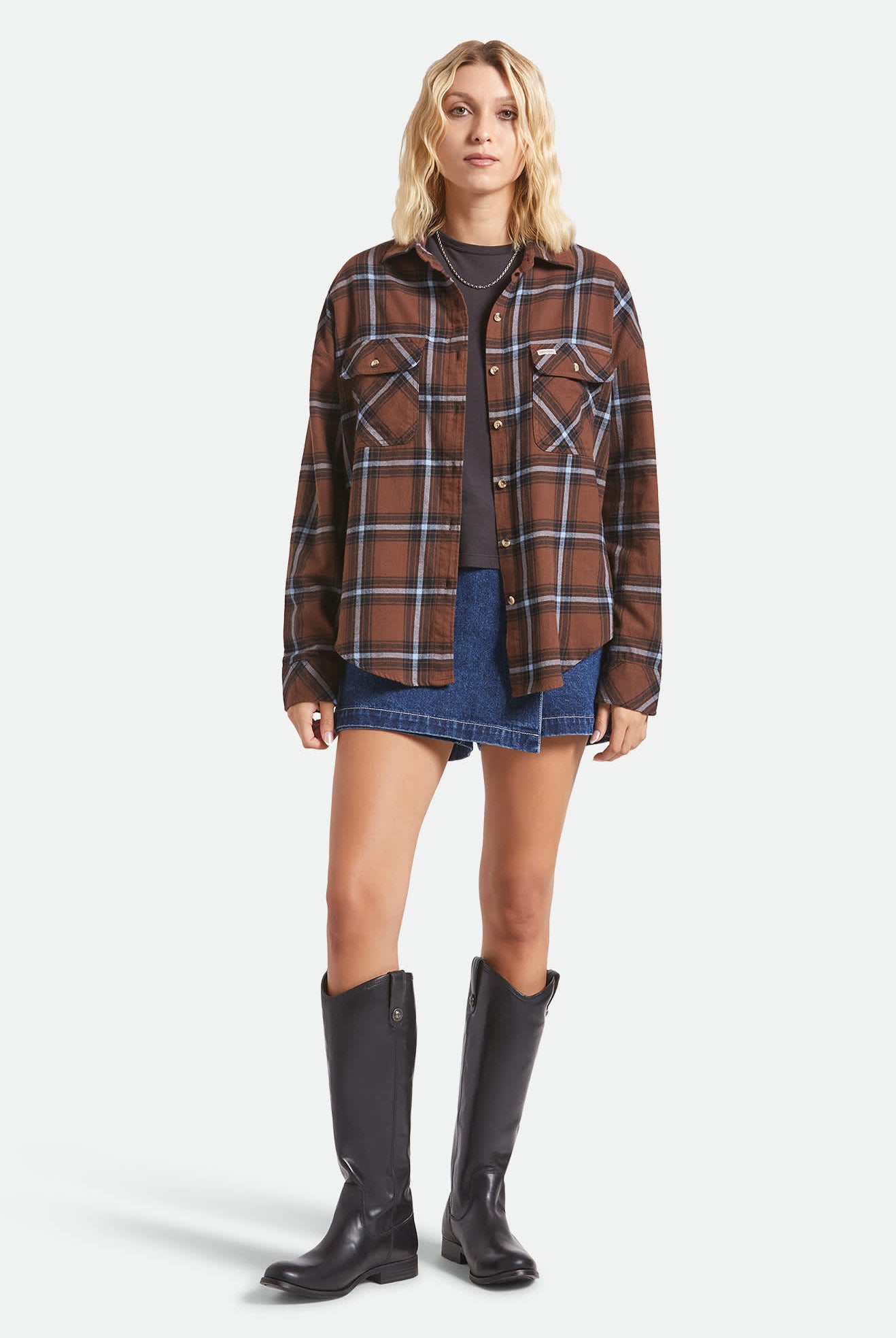 Women's Bowery Vintage Overshirt in the color Pinecone Brown/Black/Borrowed Blue - Additional Fit image