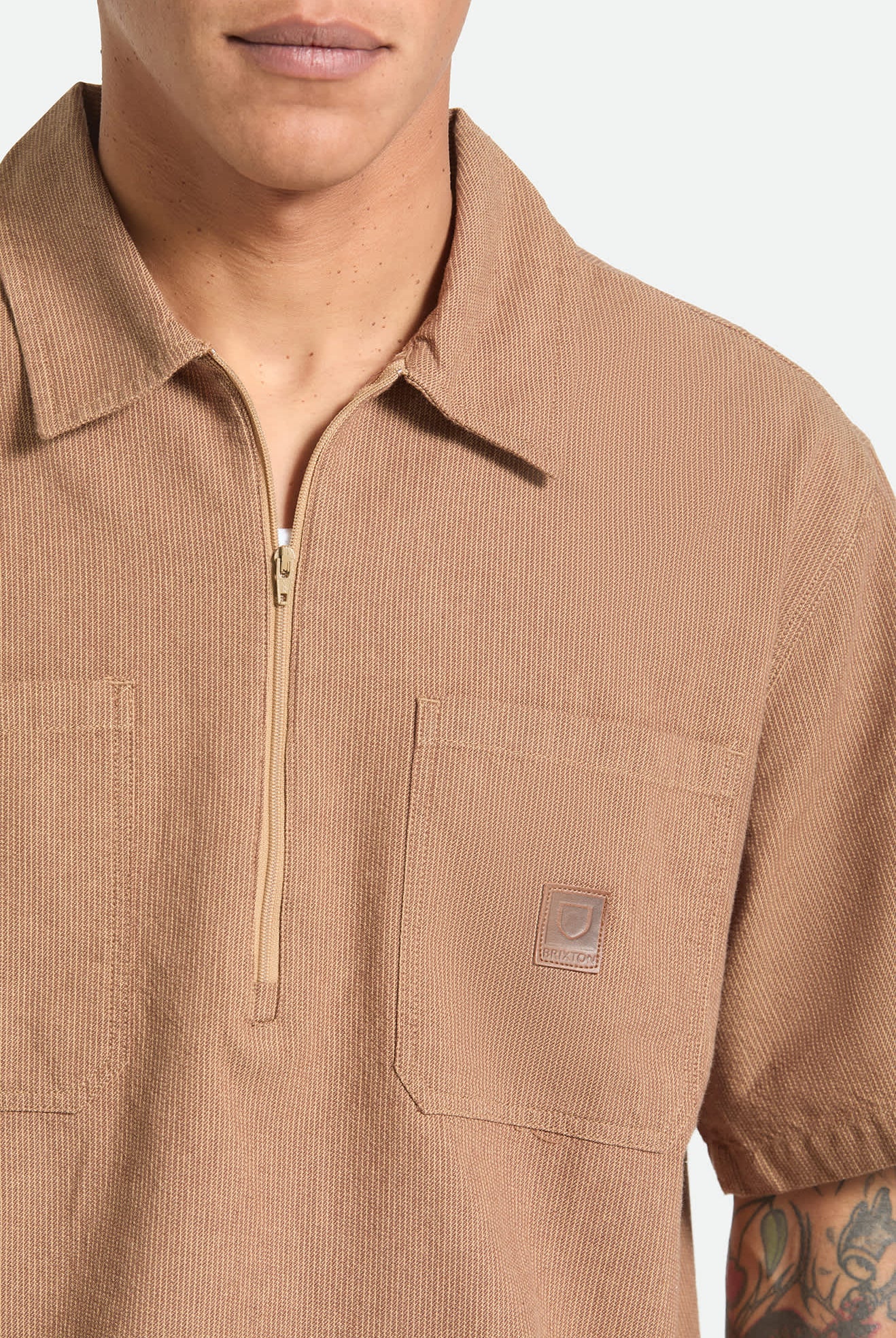 Men's Brakeman Half Zip Short Sleeve Shirt in the color Brown/Tan Stripe - Additional Fit image