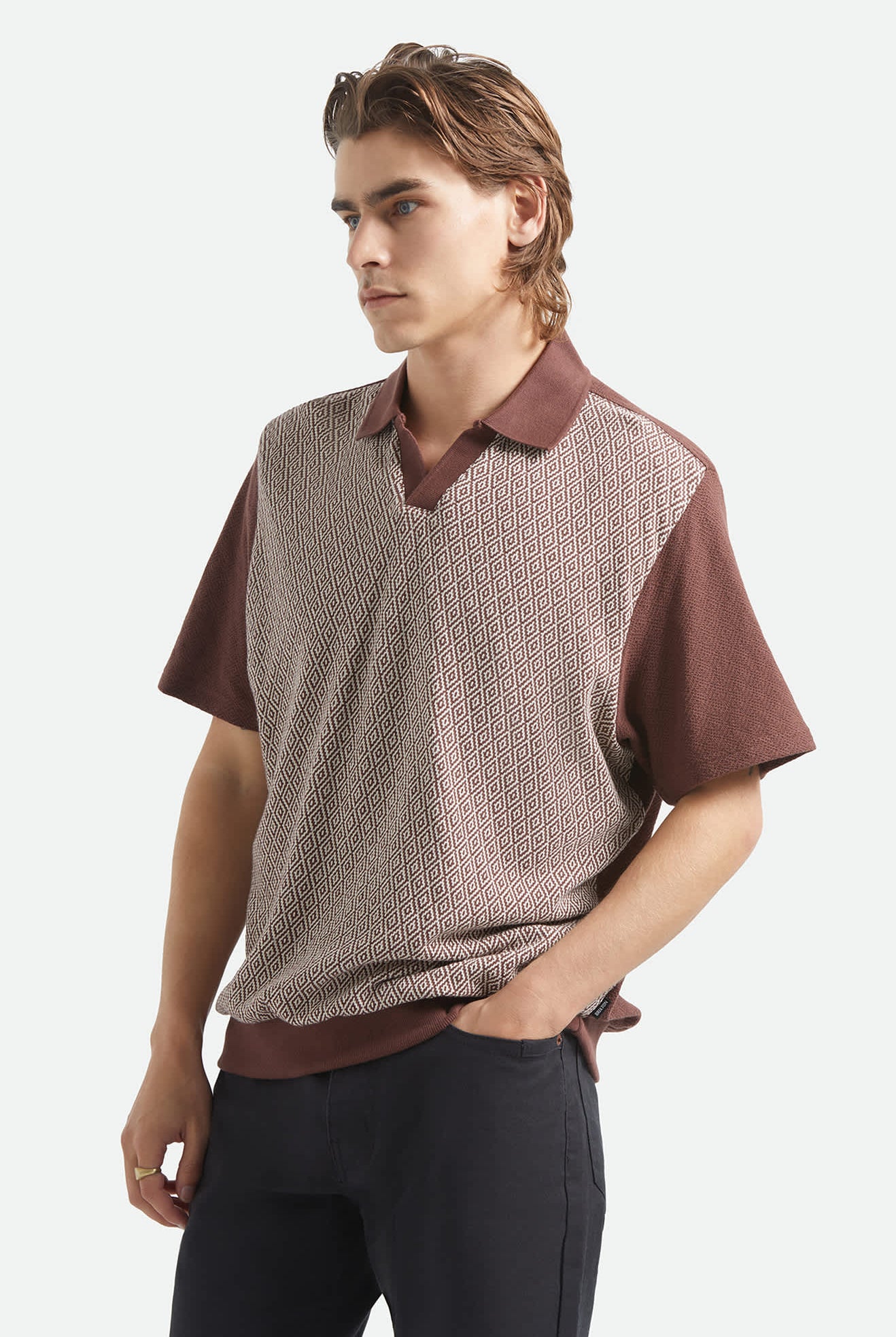 Men's Theo Jacquard Short Sleeve Polo in the color Chocolate/Off White - Men's Front View