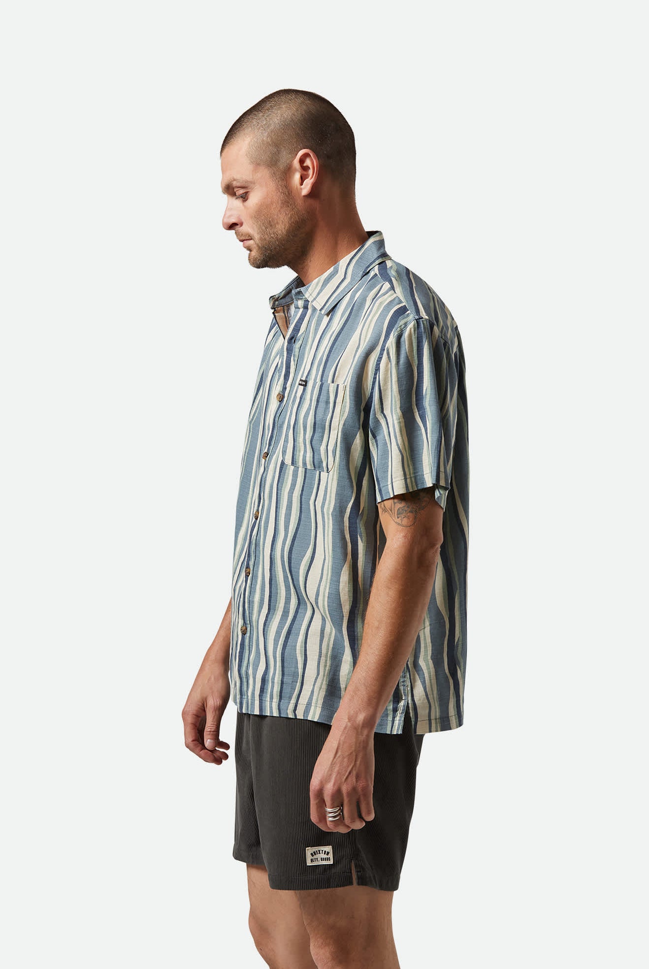 Men's CRU Slub Relaxed S/S Shirt in the color Basalt Blue/Painterly Stripe - Men's Side View