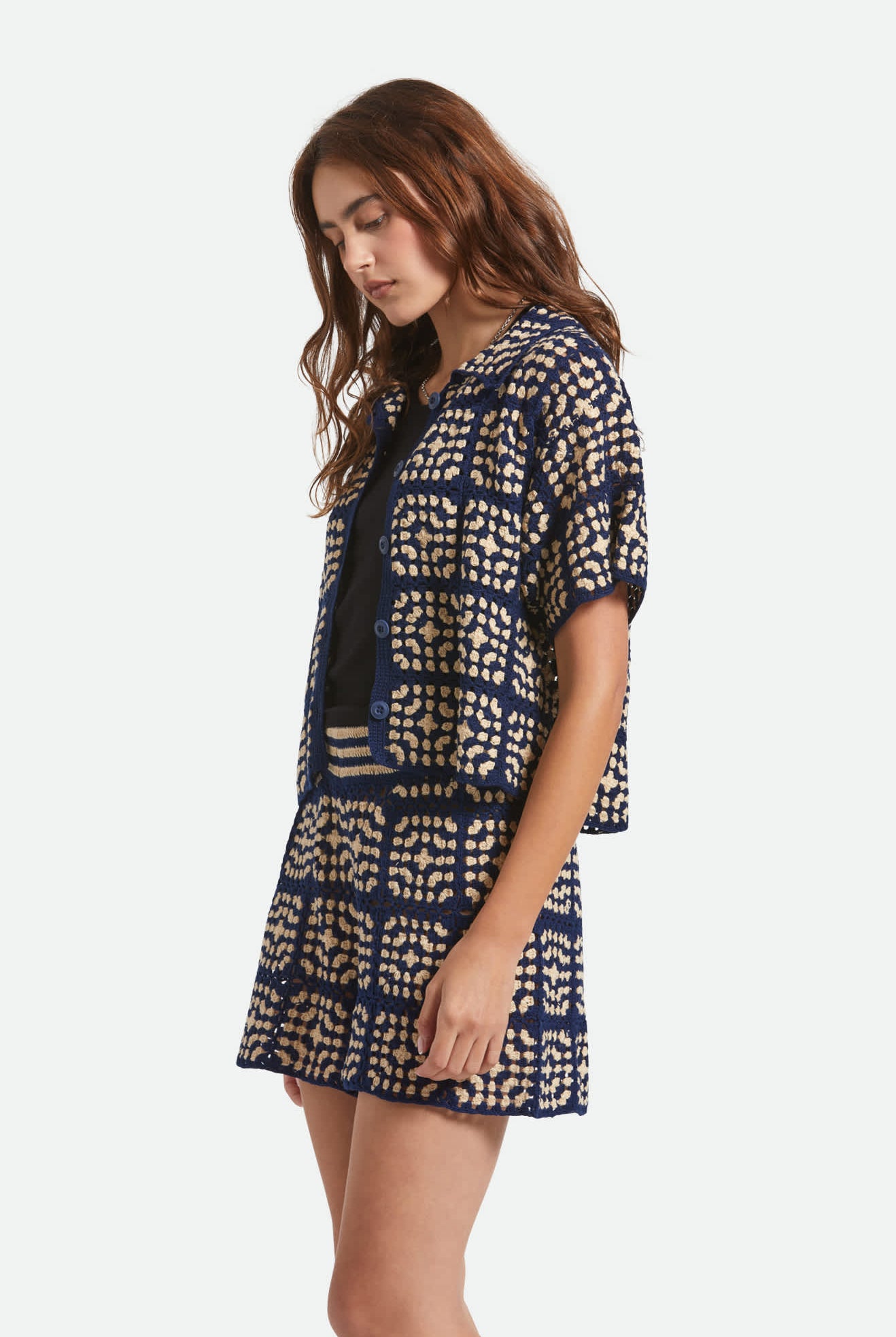 Women's Crochet S/S Button Down in the color Mood Indigo/Off White - Women's Side View