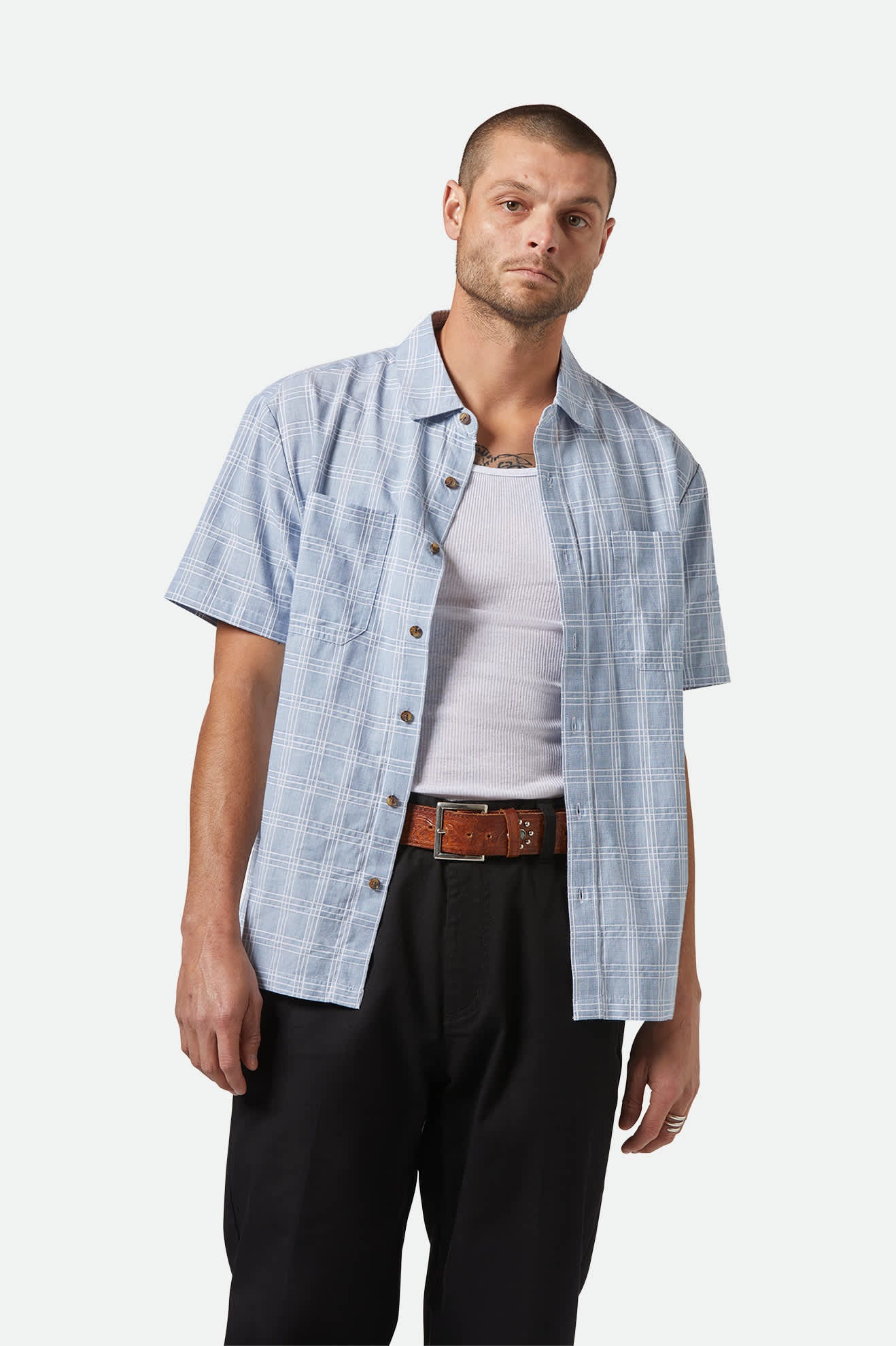 Men's CRU Oxford Plaid Relaxed S/S Shirt in the color Light Blue/White Plaid - Men's Front View