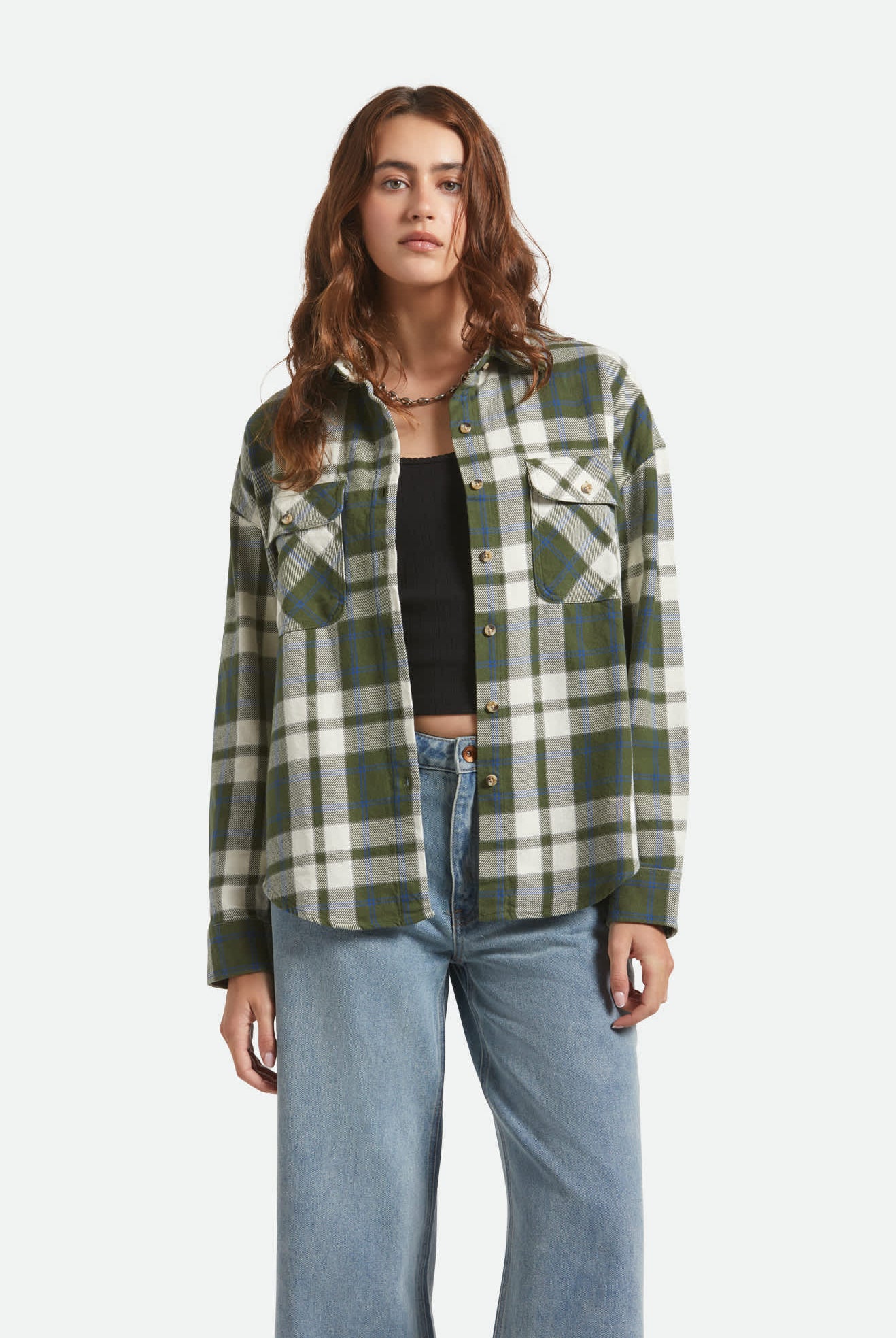 Women's Bowery Vintage L/S Overshirt in the color Green/Blue - Women's Front View