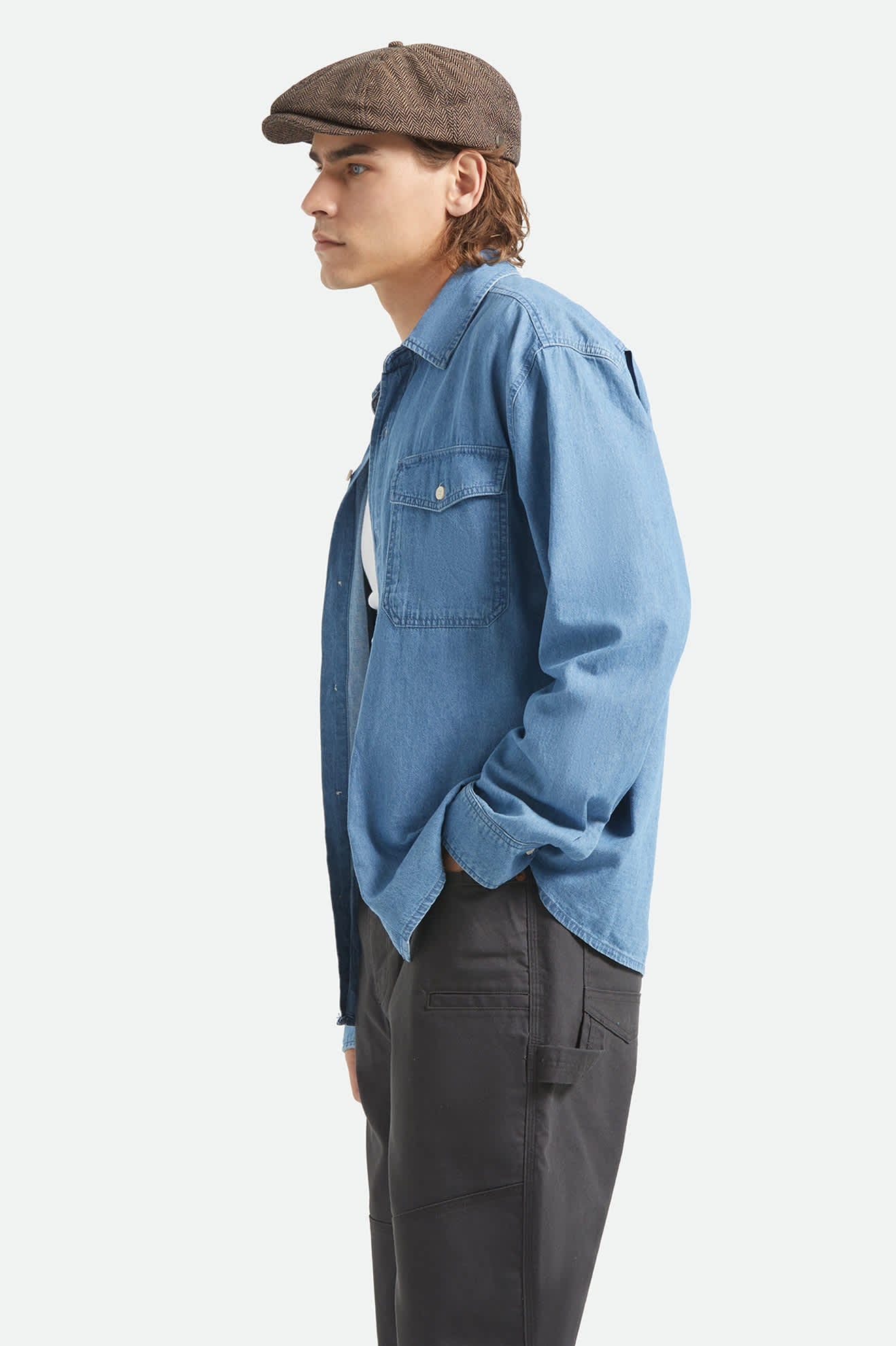 Men's Waylon Lightweight Overshirt in the color Medium Wash Chambrey - Men's Side View