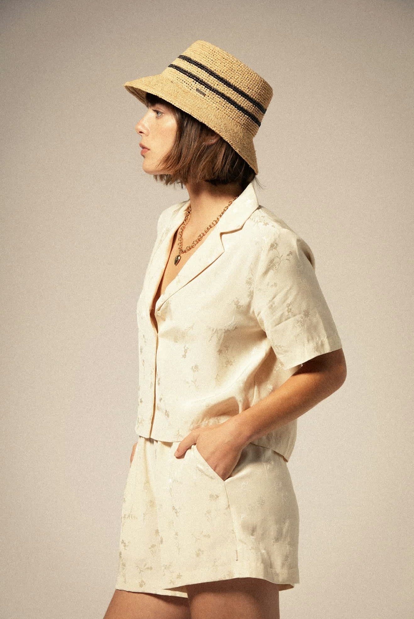 Women's Silky Jacquard Short in the color Whitecap Floral Jacquard - Additional Fit View