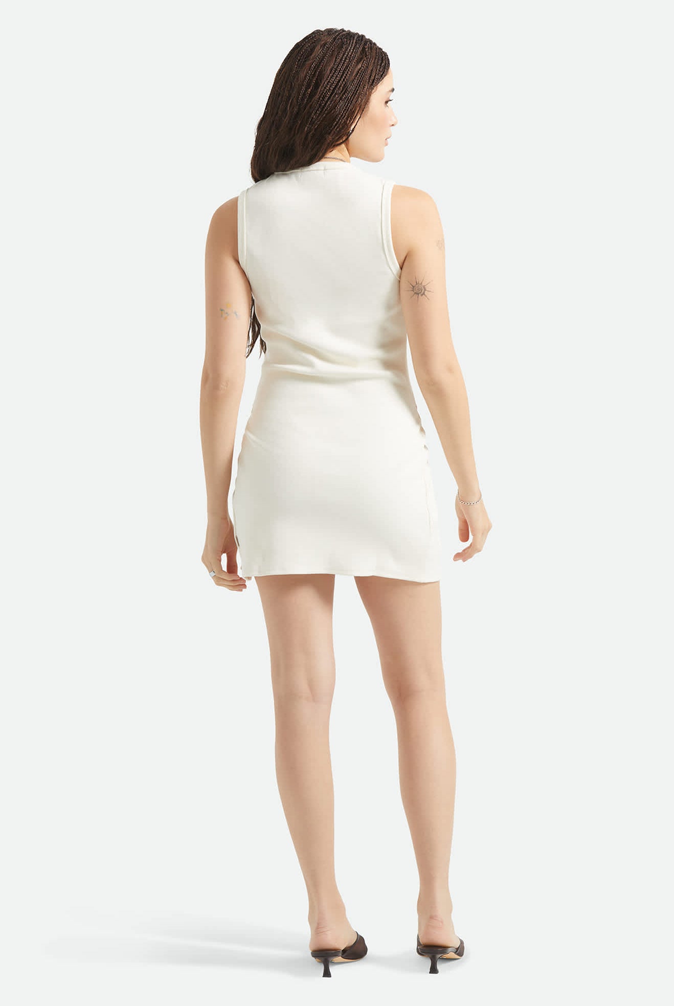 Women's Ribbed Cinch Mini Dress in the color Off White - Women's Back View