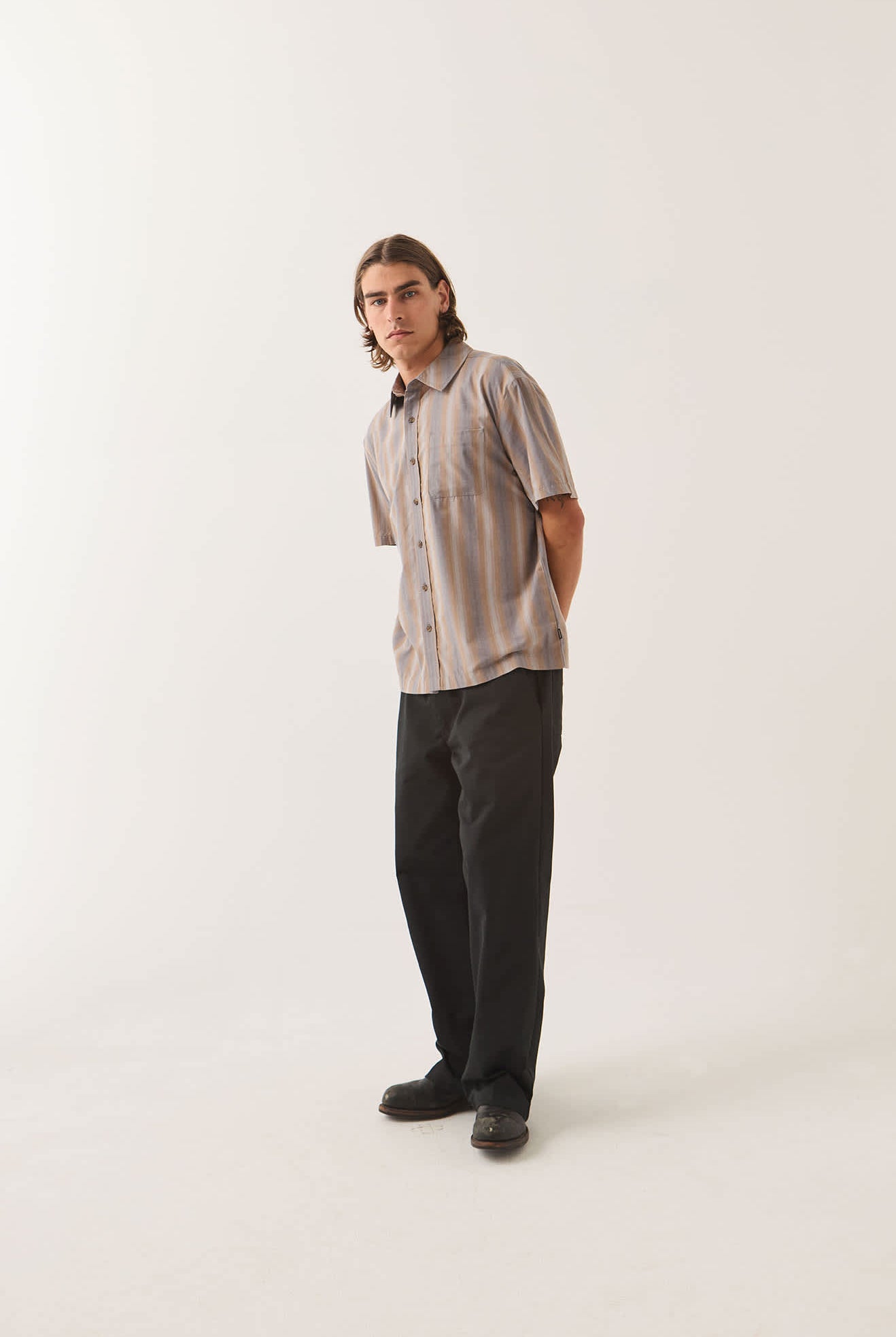 Men's Cru Shirt in the color Charcoal Shadow Stripe - Men's Side View