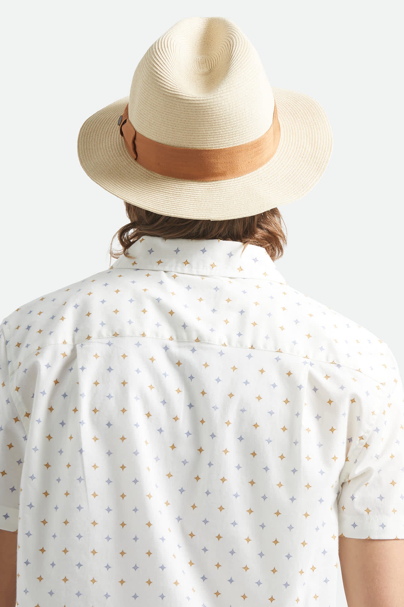 Unisex Roma Straw Packable Fedora in the color Natural/Bronze - Men's Back View