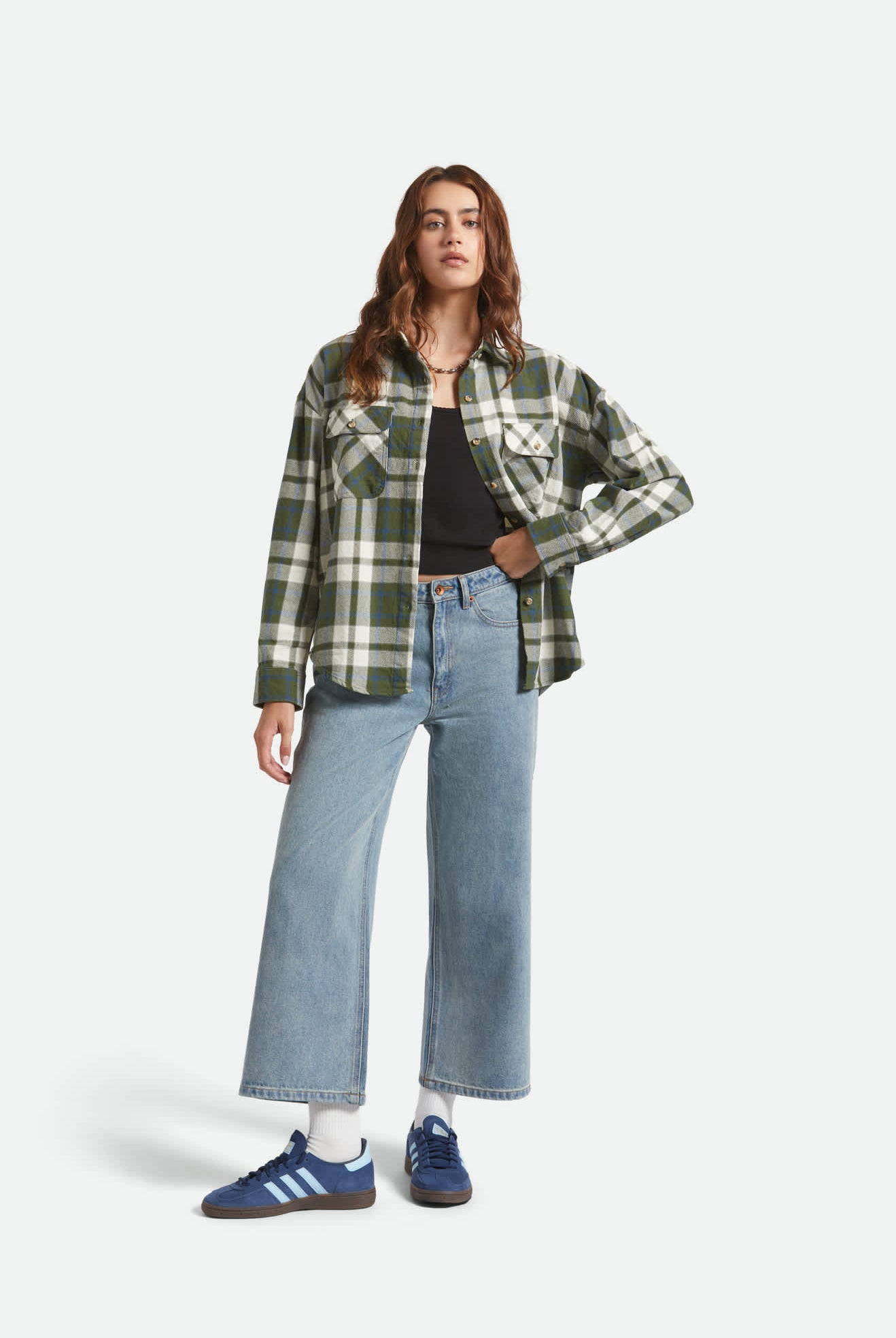 Women's Bowery Vintage L/S Overshirt in the color Green/Blue - Women's Back View