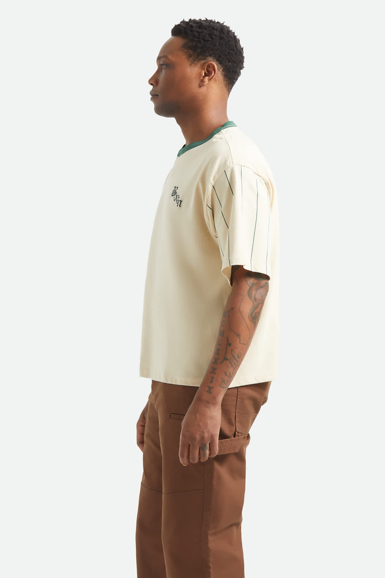 Men's Boxy Short Sleeve Baseball T-Shirt in the color Whitecap/Primal Green - Men's Side View