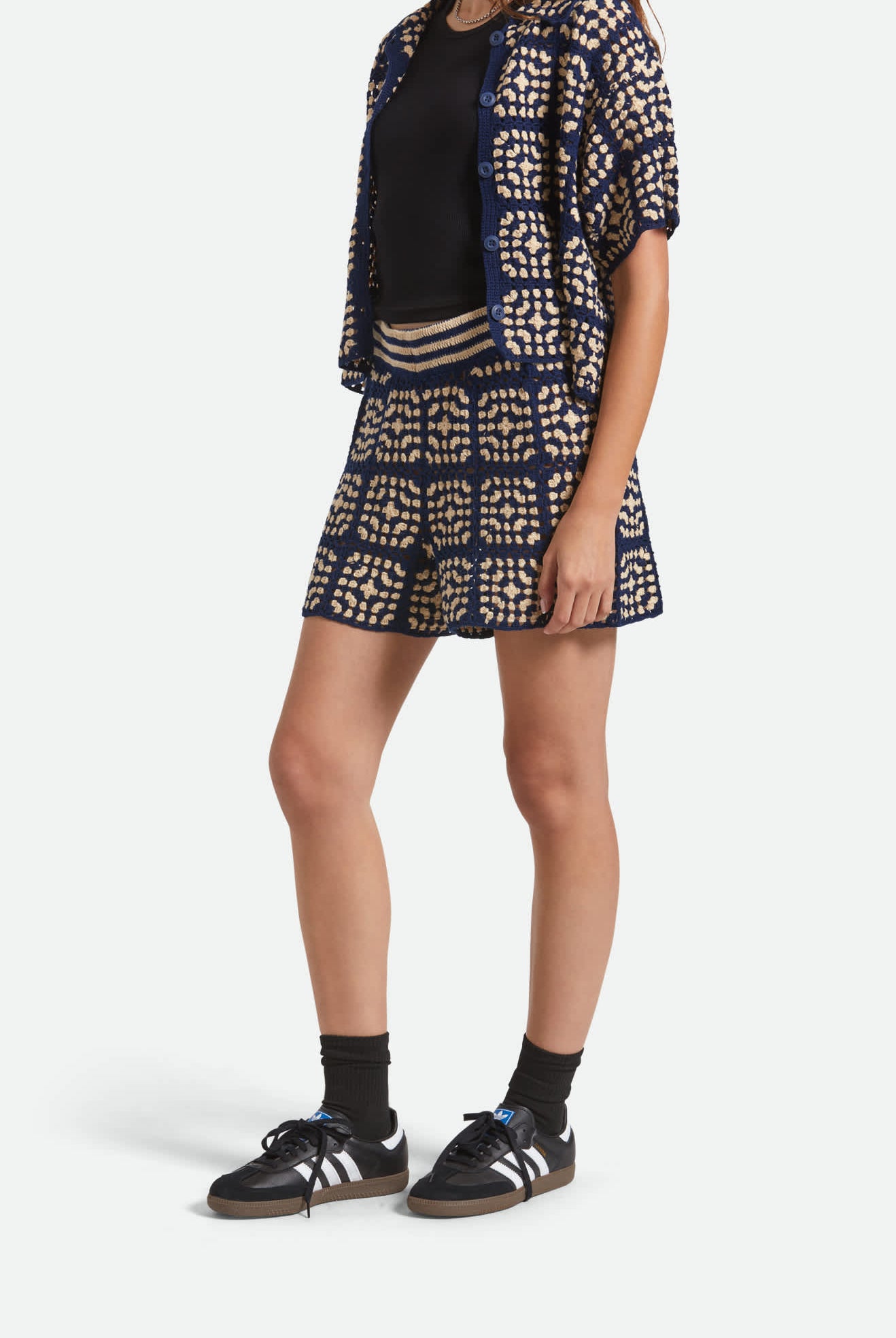 Women's Crochet Short in the color Mood Indigo/Off White - Women's Side View