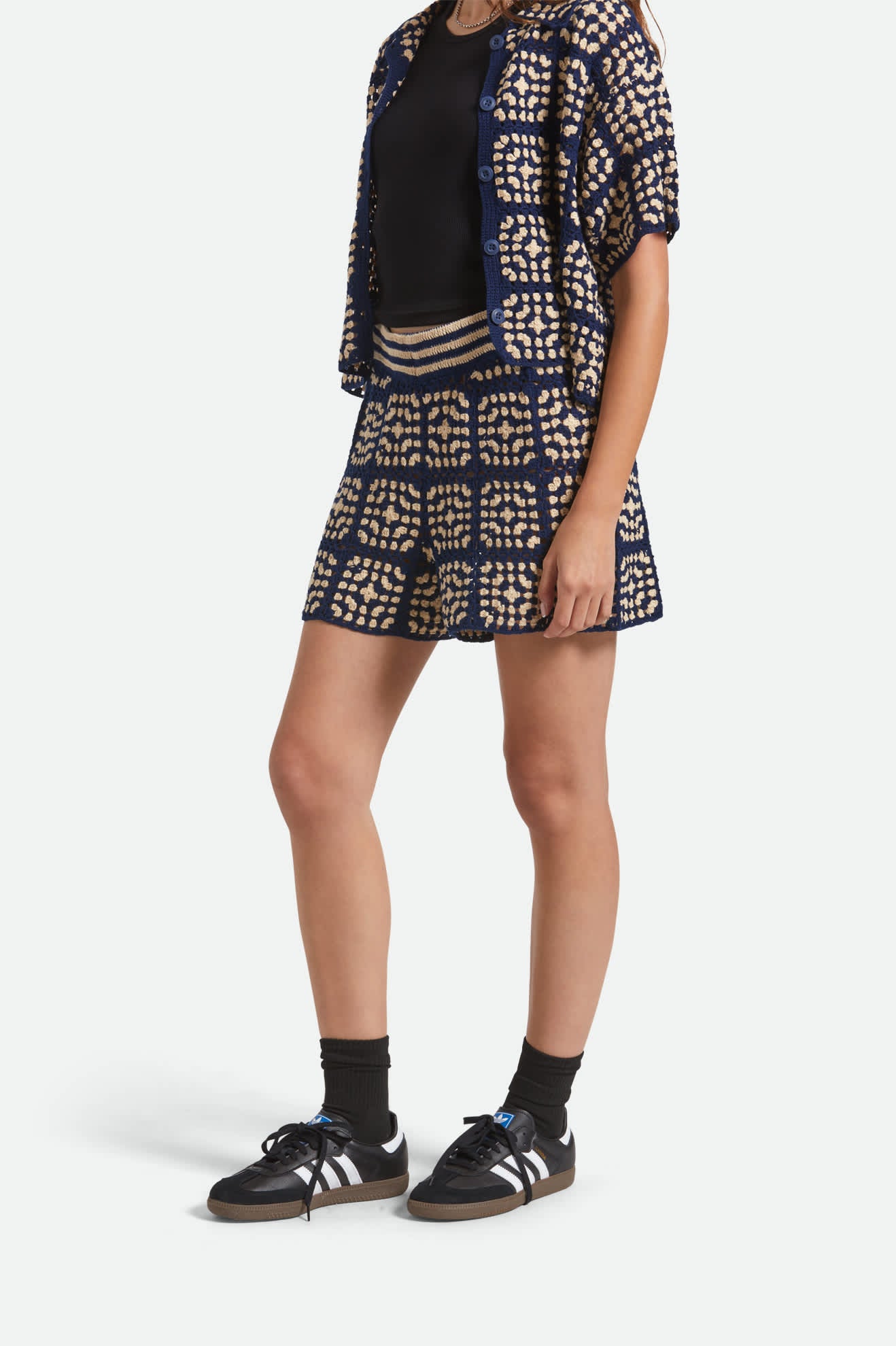 Women's Crochet Short in the color Mood Indigo/Off White - Women's Side View