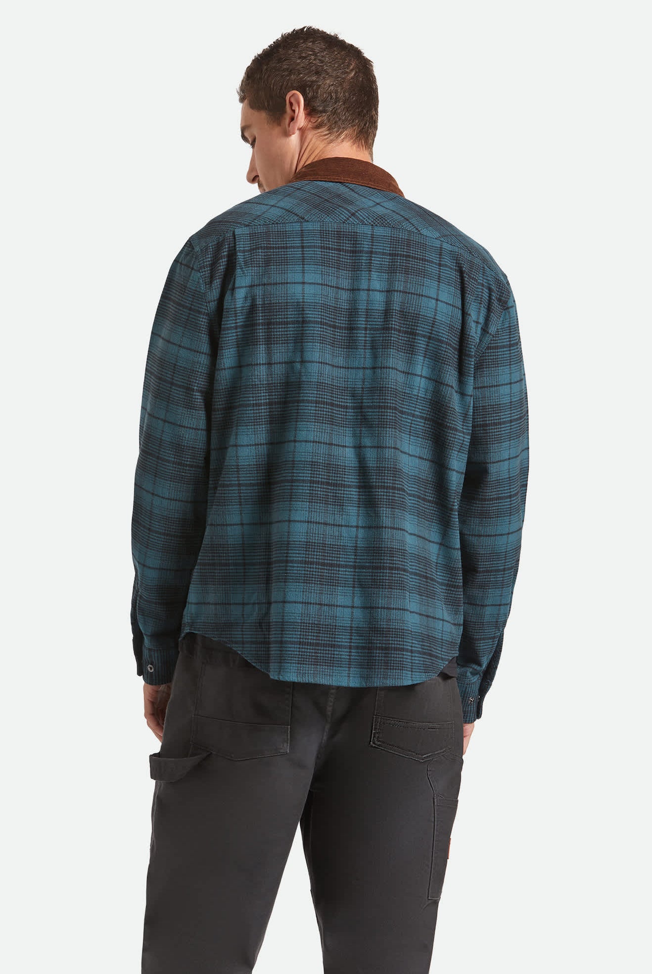 Men's Builders Bowery Stretch Water Resistant Flannel in the color Night Sage/Black - Men's Back View