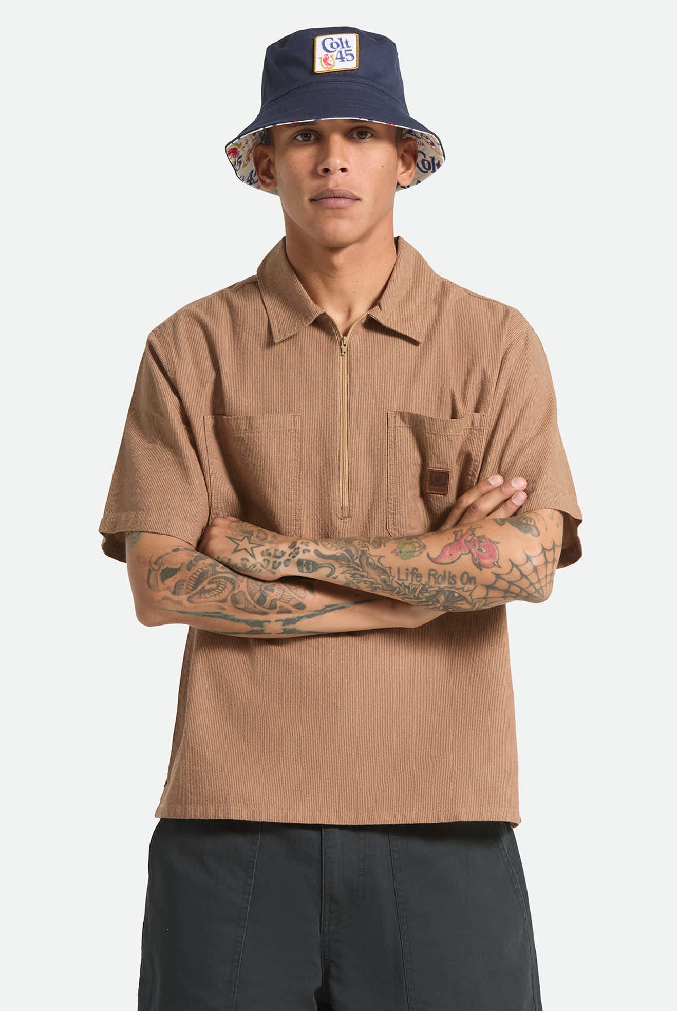 Men's Brakeman Half Zip Short Sleeve Shirt in the color Brown/Tan Stripe - Additional Fit image