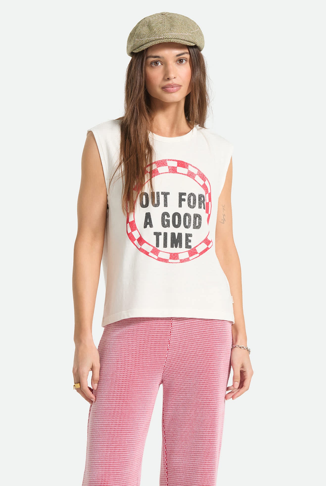Women's Out For A Good Time Muscle Tank in the color Off White - Women's Front View
