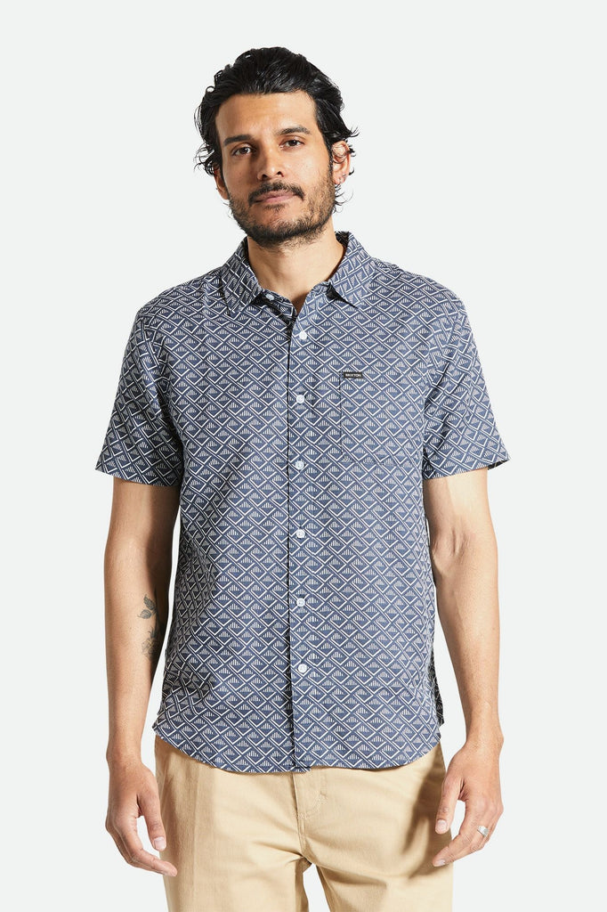 Men's Fit, Front View | Charter Print S/S Woven Shirt - Washed Navy/White Tile