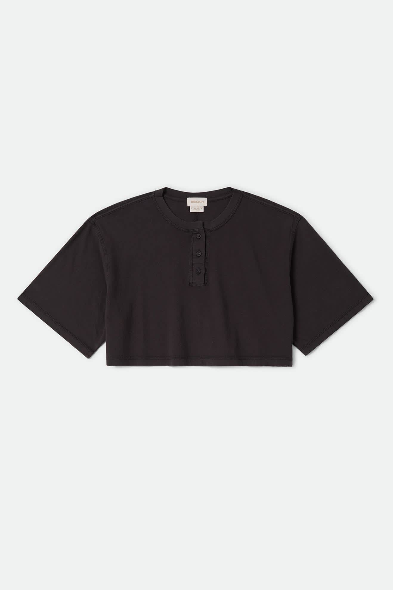 Women's Carefree Organic Garment Dye Cropped Henley in the color Black - Front Product View