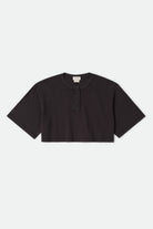 Women's Carefree Organic Garment Dye Cropped Henley in the color Black - Front Product View