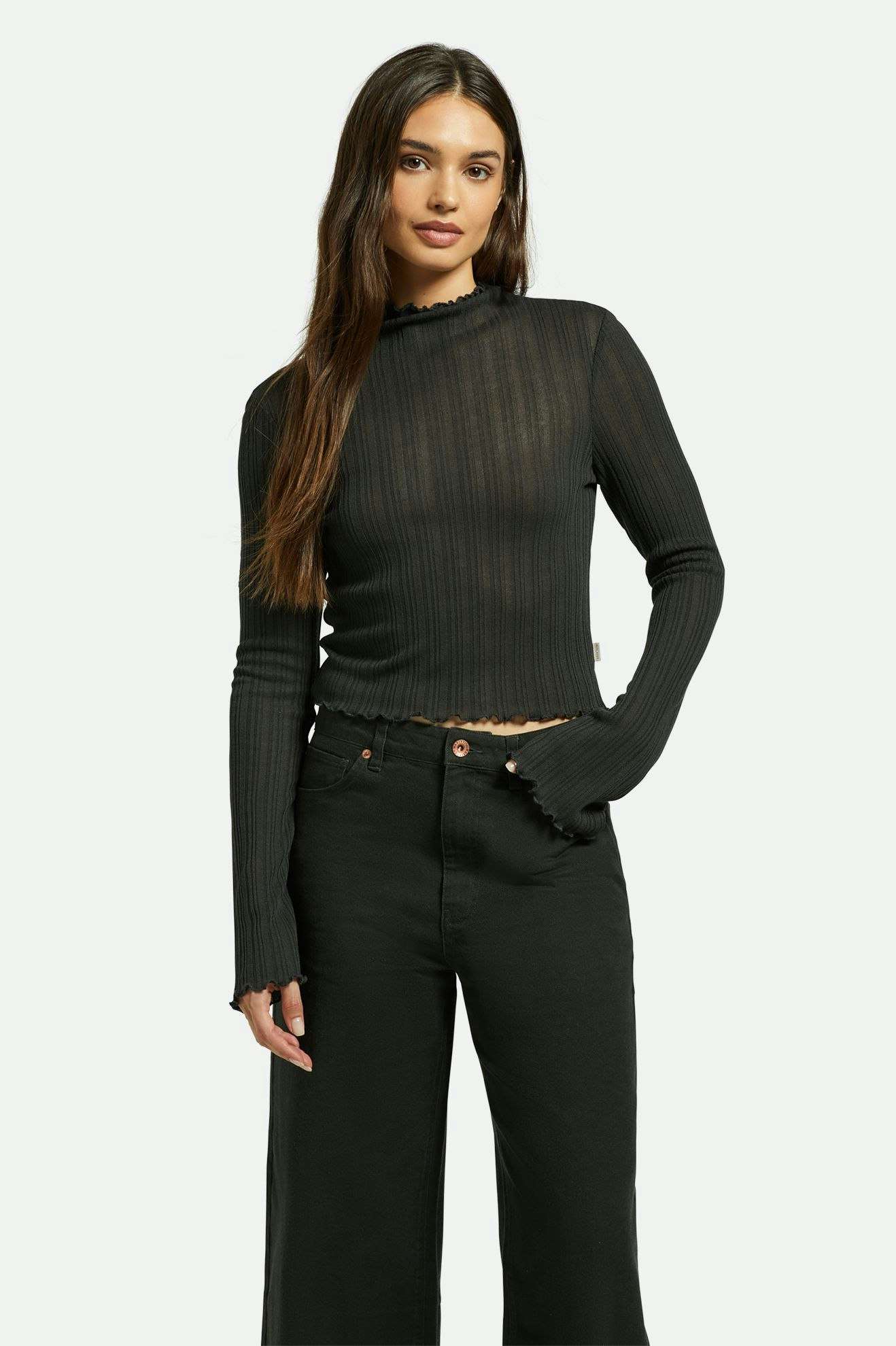 Brixton Women's Novelty Ribbed Turtleneck L/S - Washed Black | Front fit