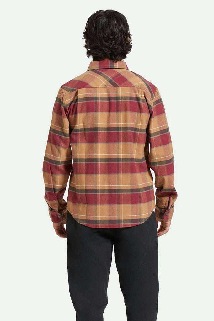 Men's Back Fit Image | Builders Bowery Stretch Water Resistant L/S Flannel - Woodsmoke/Cordovan Red/Washed Black