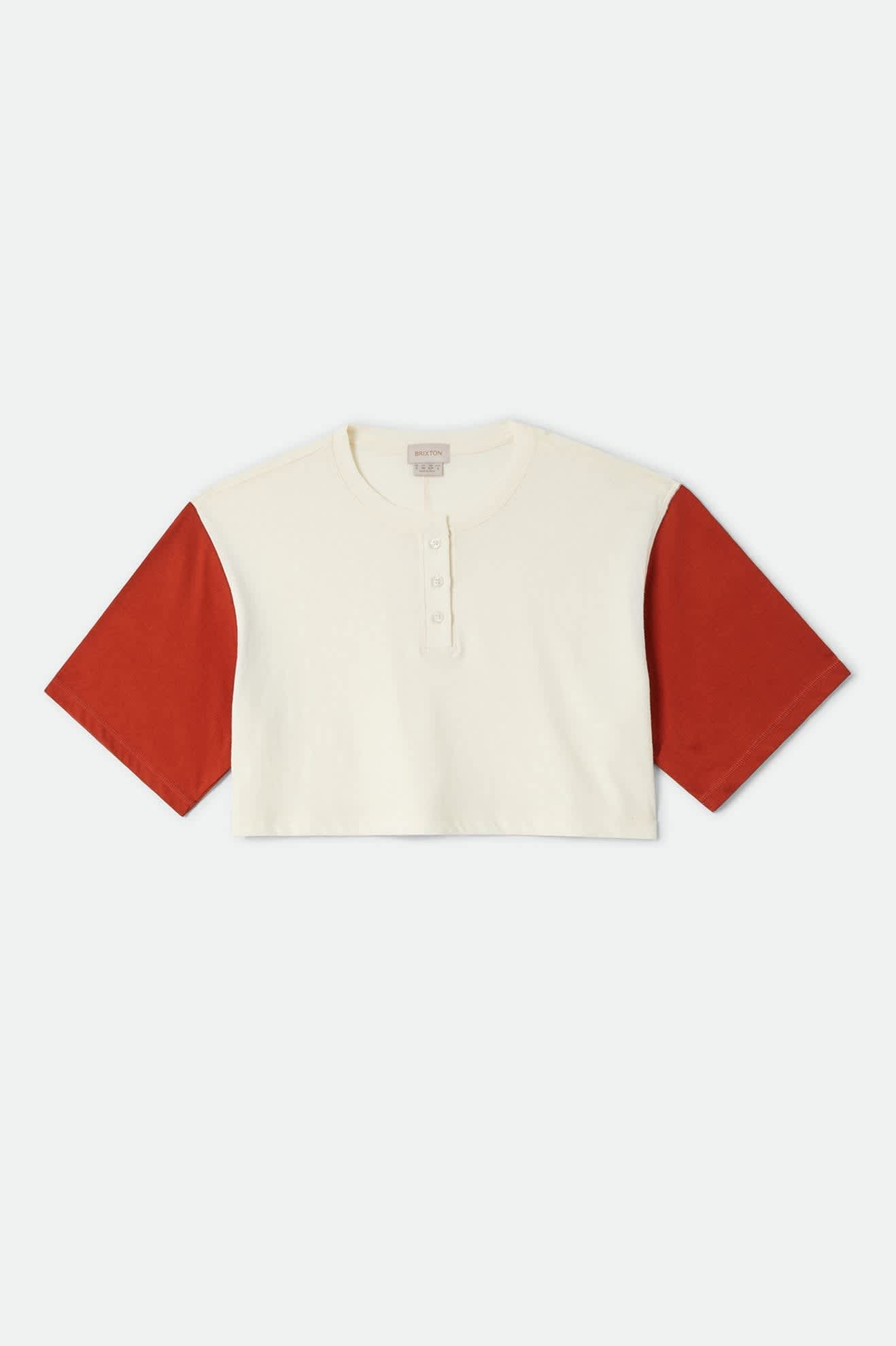 Women's Carefree Organic Garment Dye Cropped Henley in the color Off White/Rust - Front Product View