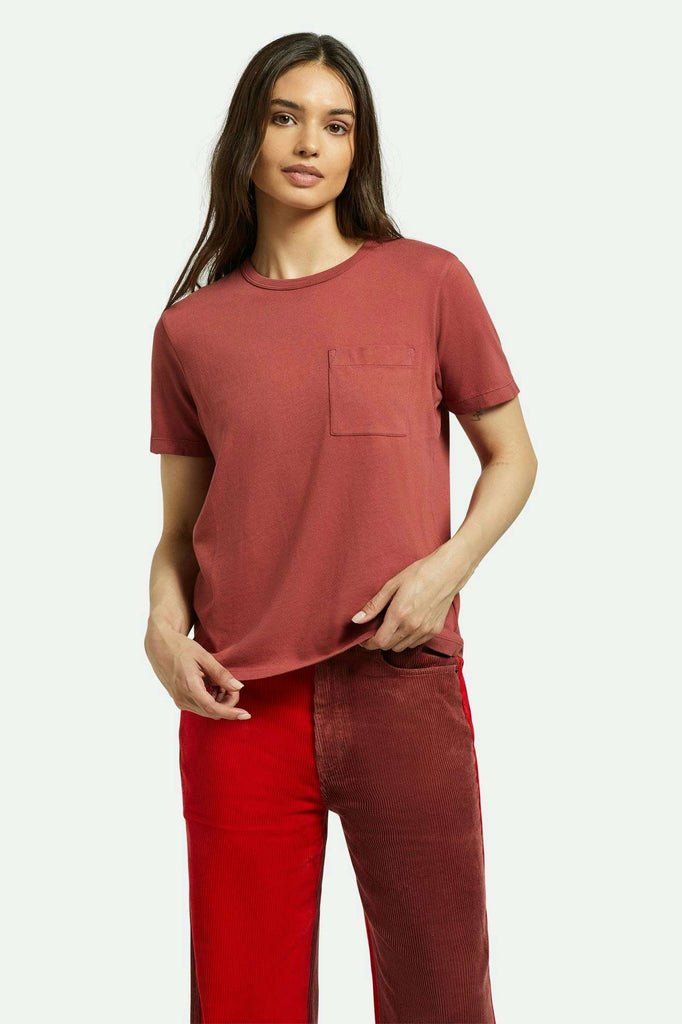 Brixton Women's Carefree Organic Garment Dye Perfect Pocket T-Shirt - Cowhide | Front fit