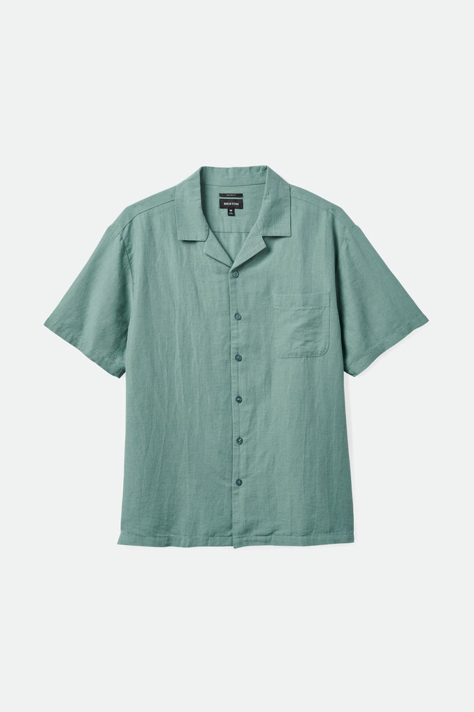Brixton Men's Bunker Linen Blend S/S Camp Collar Shirt - Chinois Green | Profile