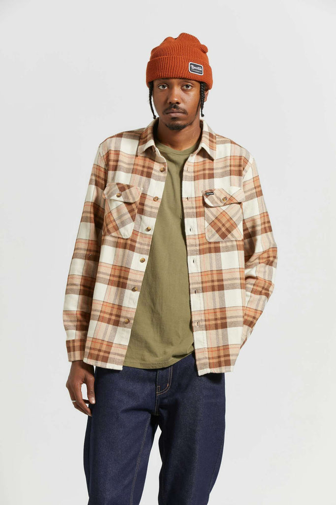 Men's Fit, front | Bowery L/S Flannel - Whitecap/Pinecone Brown/Burro Brown