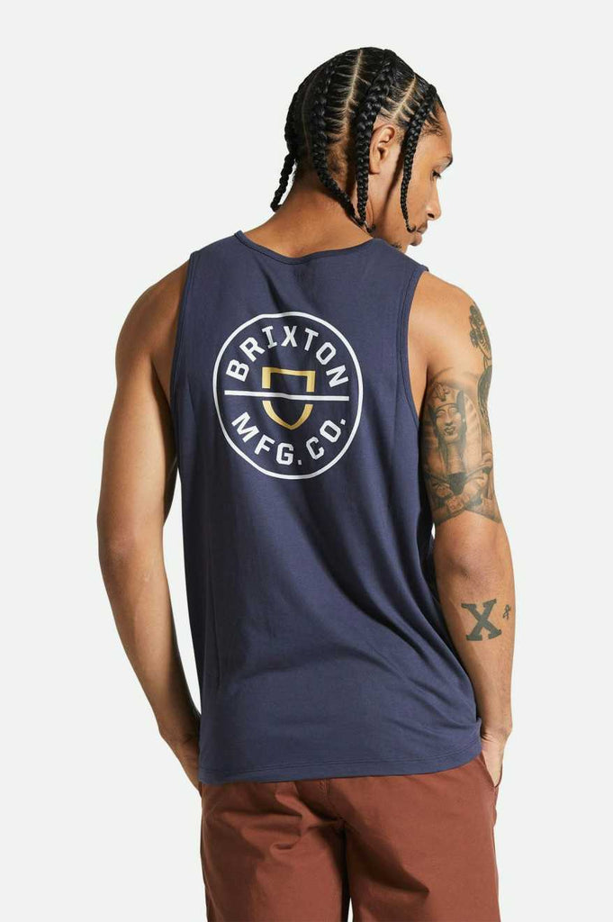 Men's Fit, Back View | Crest Tank Top - Washed Navy/Off White