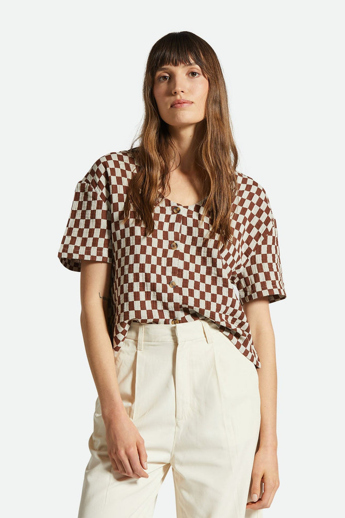 Women's Fit, Front View | Mykonos Small Check S/S Woven - Sepia