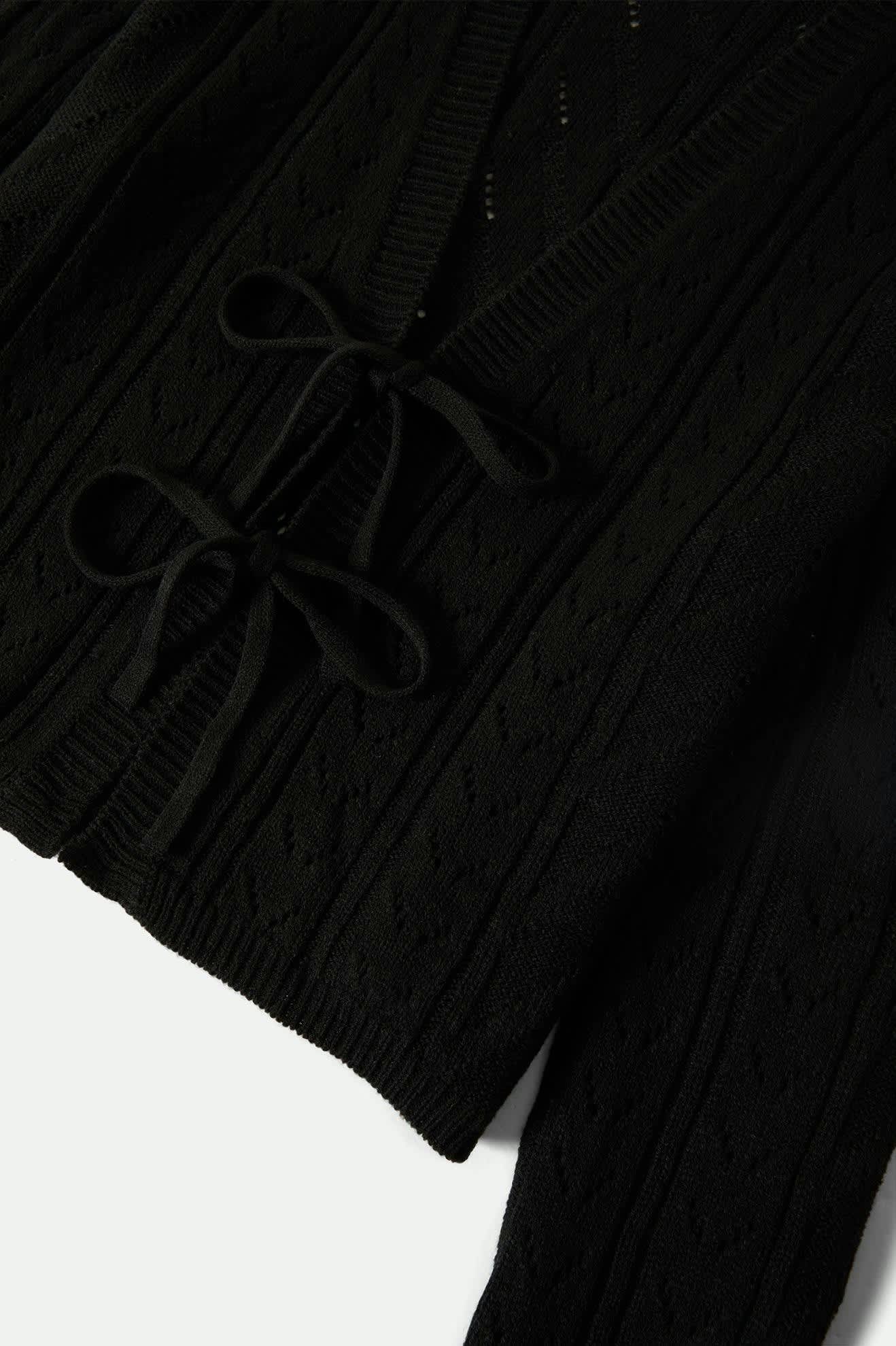 Women's Cropped Pointelle Tie Cardigan in the color Black - Additional Laydown image