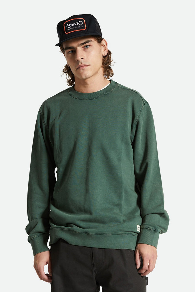 Men's Fit, Front View | Vintage Reserve Cross Loop French Terry Crew - Trekking Green Sol Wash