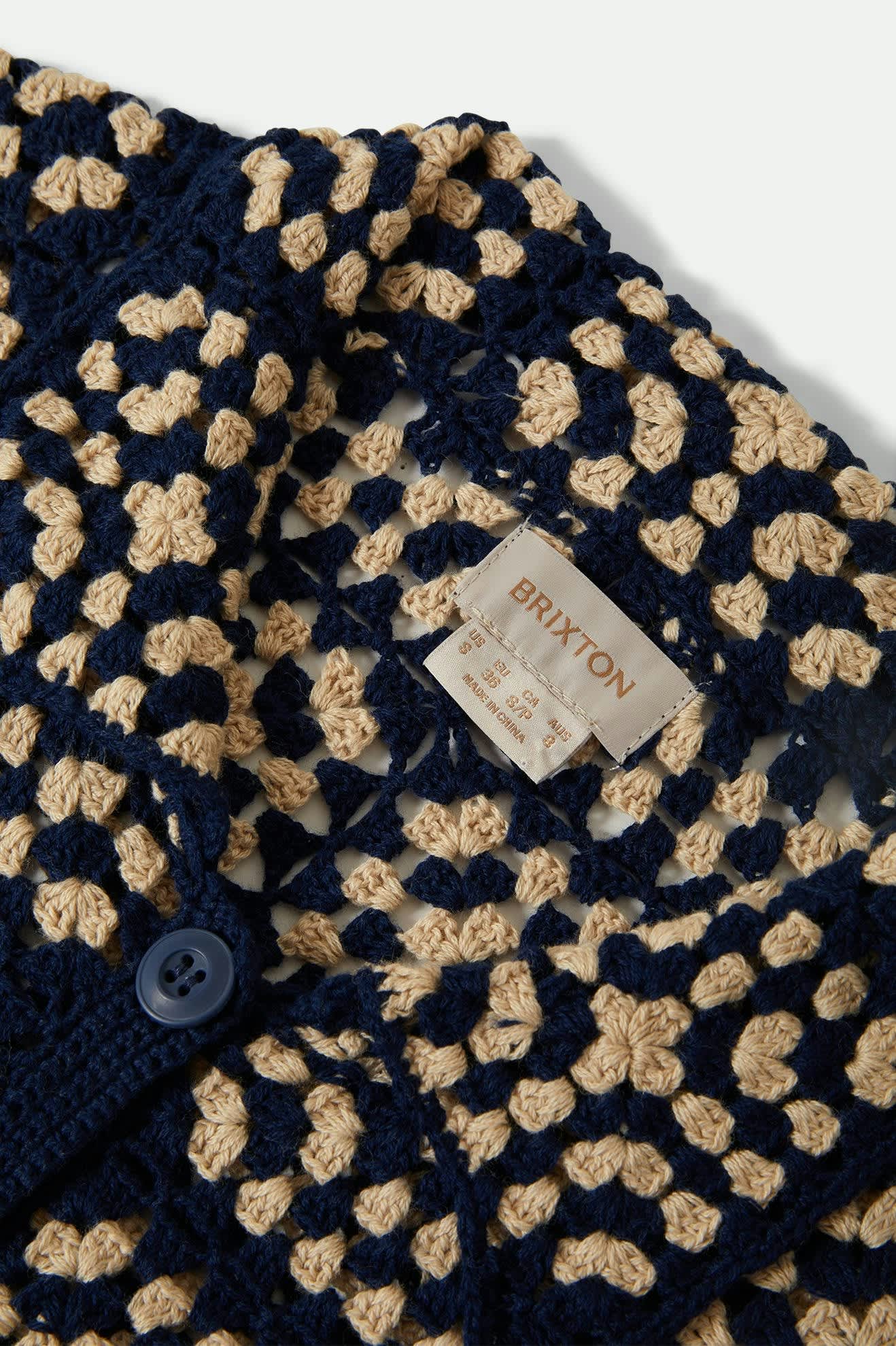 Women's Crochet S/S Button Down in the color Mood Indigo/Off White - Additional Laydown image