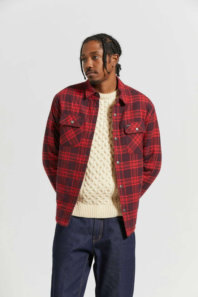 Men's Fit, front | Bowery Quilted L/S Flannel - Bright Red/Mahogany