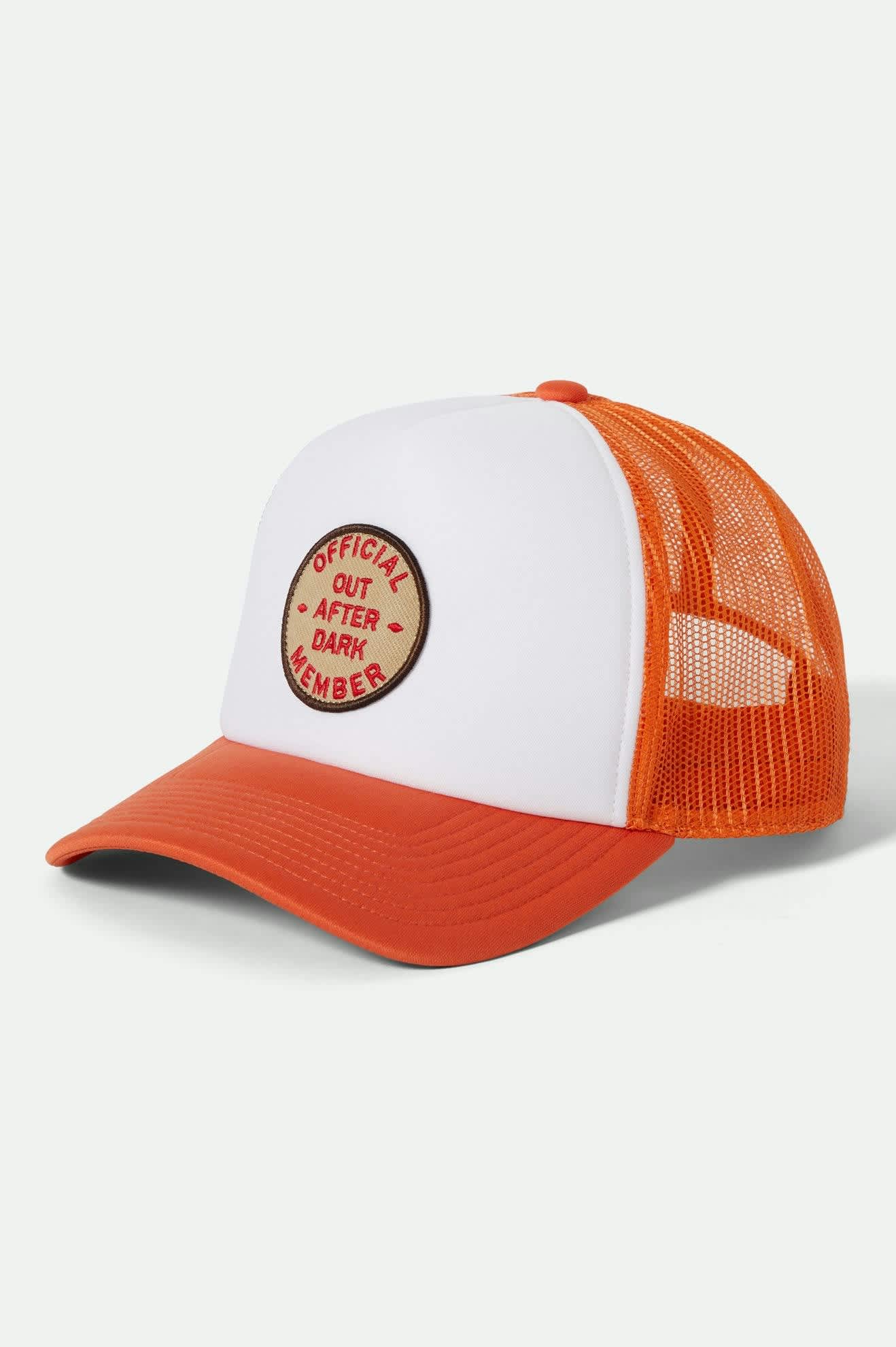Women's Out After Dark Netplus Trucker Hat in the color Tangerine/Off White - Front Product View