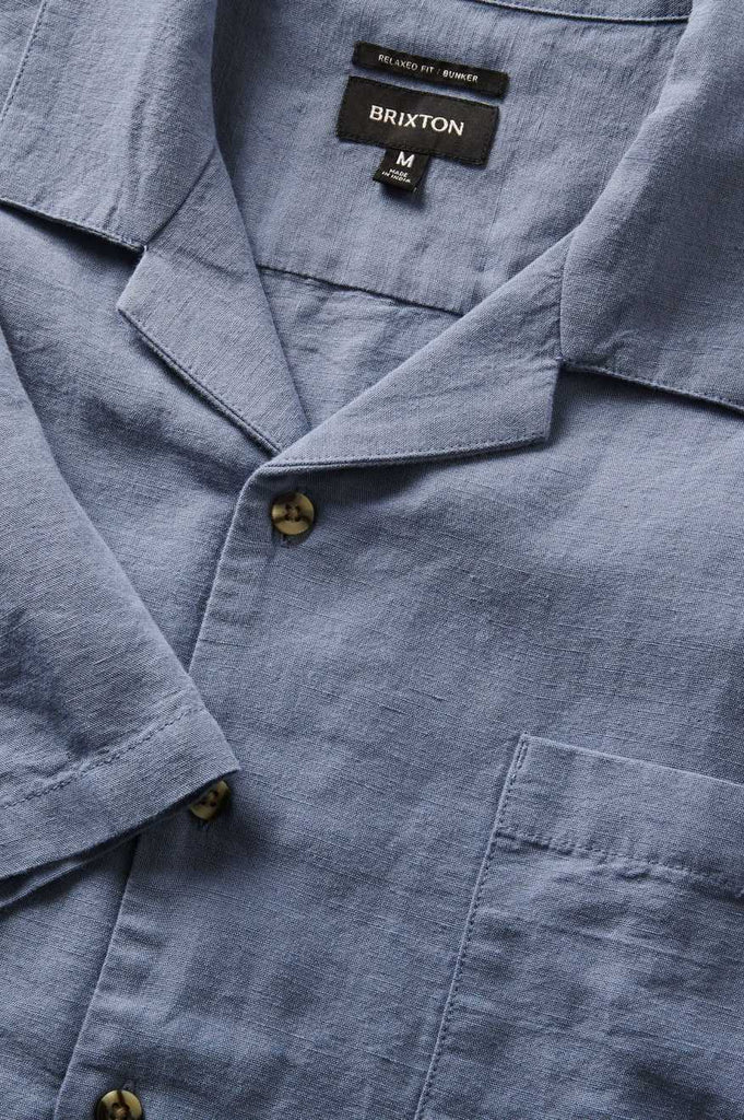 Brixton Men's Bunker Linen S/S Camp Collar Woven Shirt - Flint Stone Blue | Extra Shot