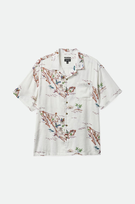 Brixton Men's Bunker Slub S/S Camp Collar Woven Shirt - Off White/Map | Profile