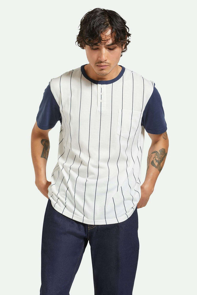 Men's Front Fit | 20th Anniversary Detroit Henley Pocket T-Shirt - Off White/Washed Navy