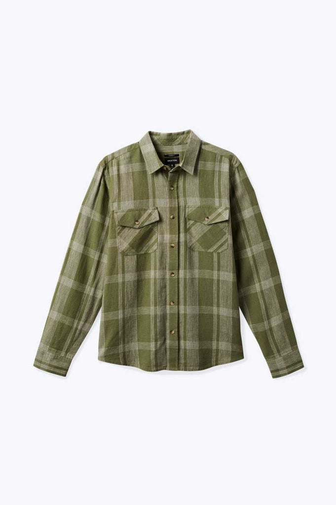Brixton Men's Memphis Linen Blend L/S Woven Shirt - Olive Surplus/Whitecap | Profile