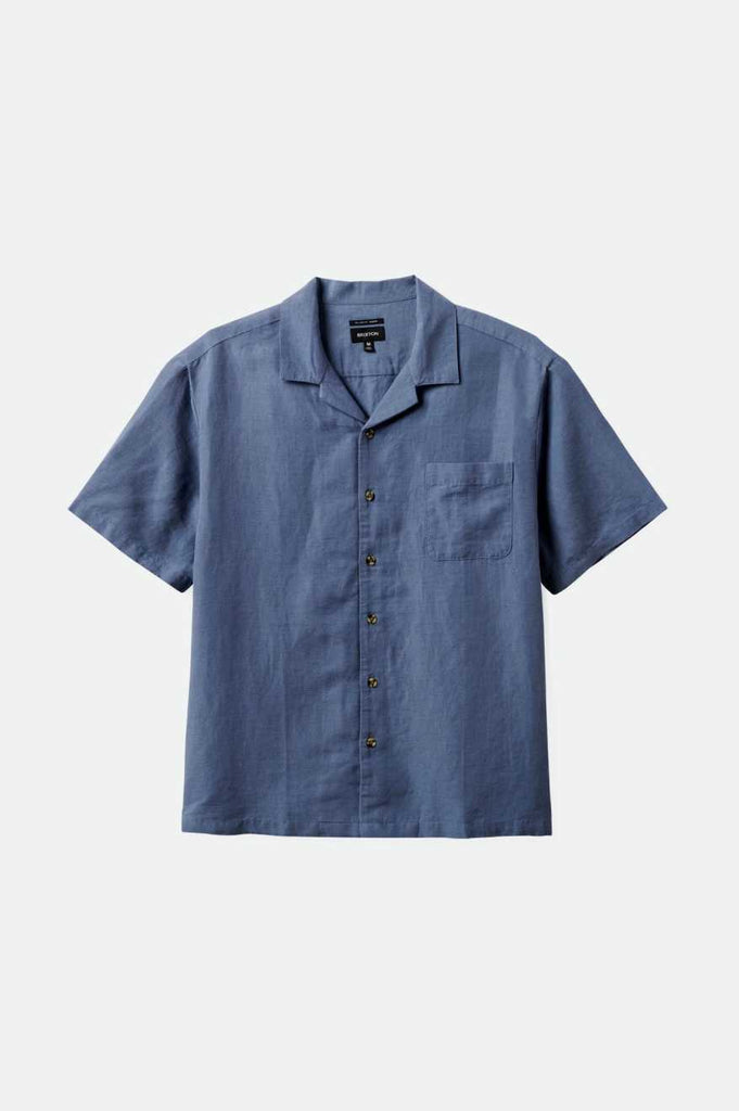 Brixton Men's Bunker Linen S/S Camp Collar Woven Shirt - Flint Stone Blue | Profile
