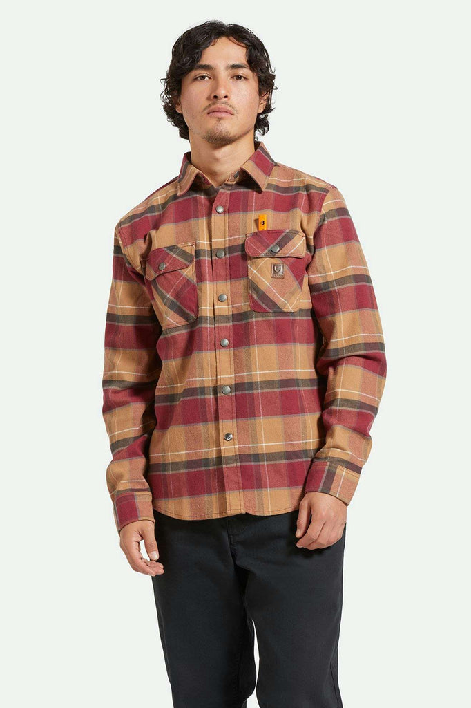 Men's Fit, front | Builders Bowery Stretch Water Resistant L/S Flannel - Woodsmoke/Cordovan Red/Washed Black