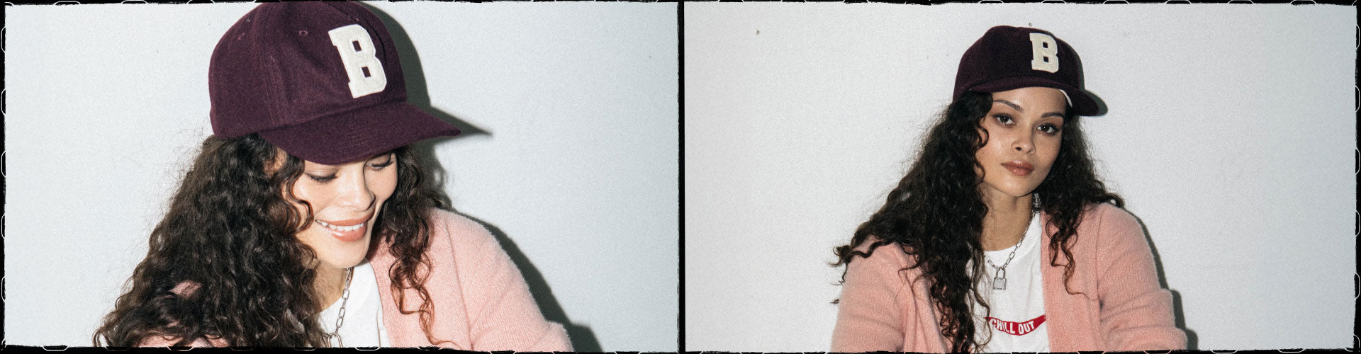 A women wearing the Big B cap in the color Port.