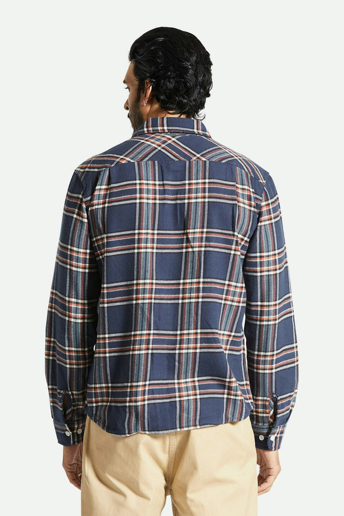 Men's Fit, Back View | Bowery Flannel - Washed Navy/Off White/Terracotta