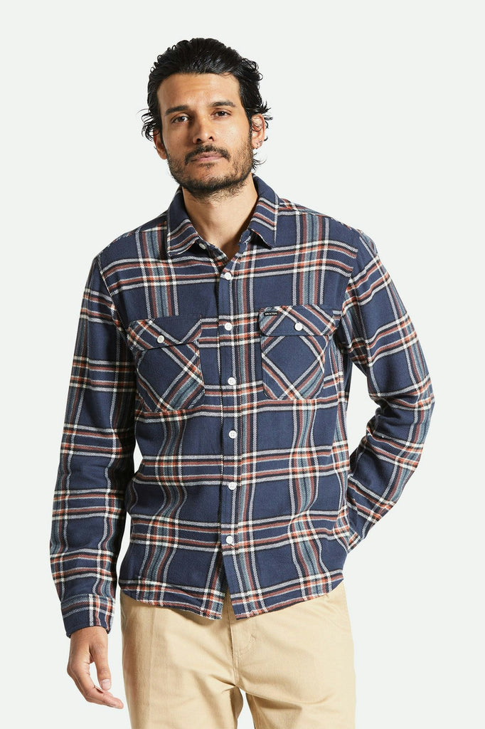 Men's Fit, Front View | Bowery Flannel - Washed Navy/Off White/Terracotta