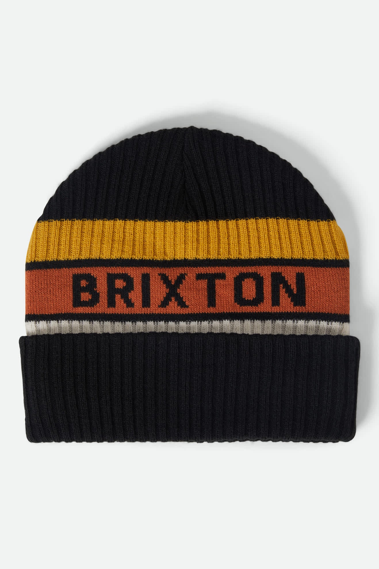 Men's Rainier Striped Beanie in the color Black/Yellow/Orange - Front Product View